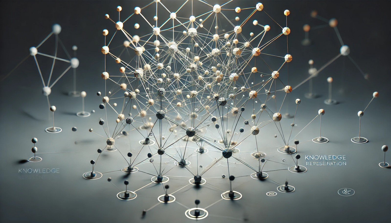 A 3D conceptual illustration of Knowledge Representation Networks, showing interconnected nodes with links forming a network. The minimalistic design emphasizes organized data relationships, highlighted against a dark background for clarity.