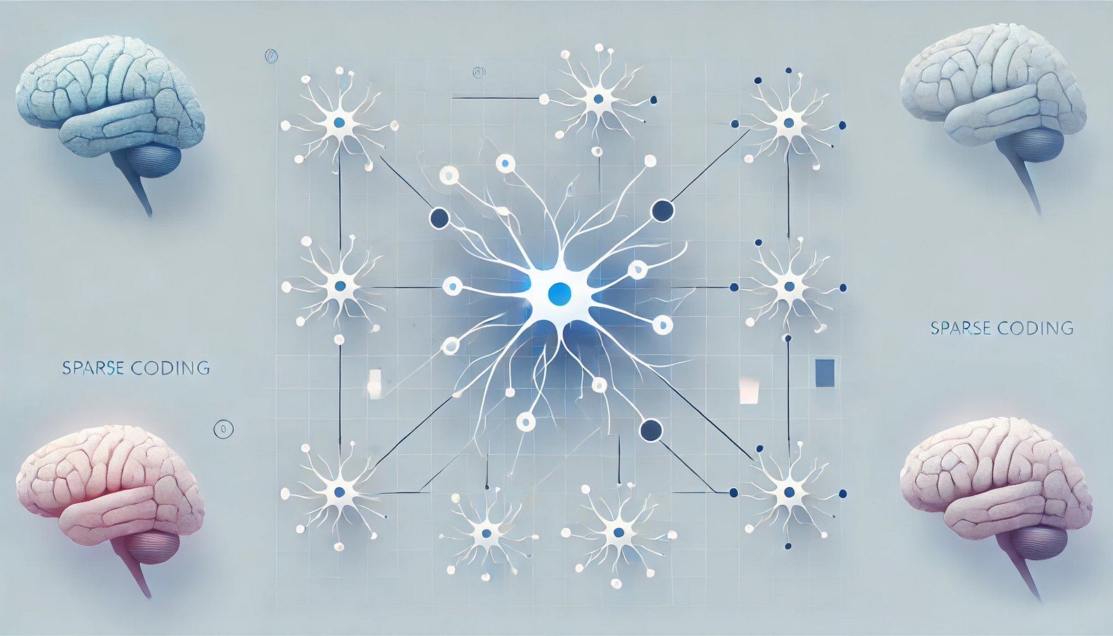 An abstract illustration of a sparse coding network with selective neuron activations, highlighting minimal neuron engagement in a network, symbolizing efficient data representation. Clean, simple design with soft colors.