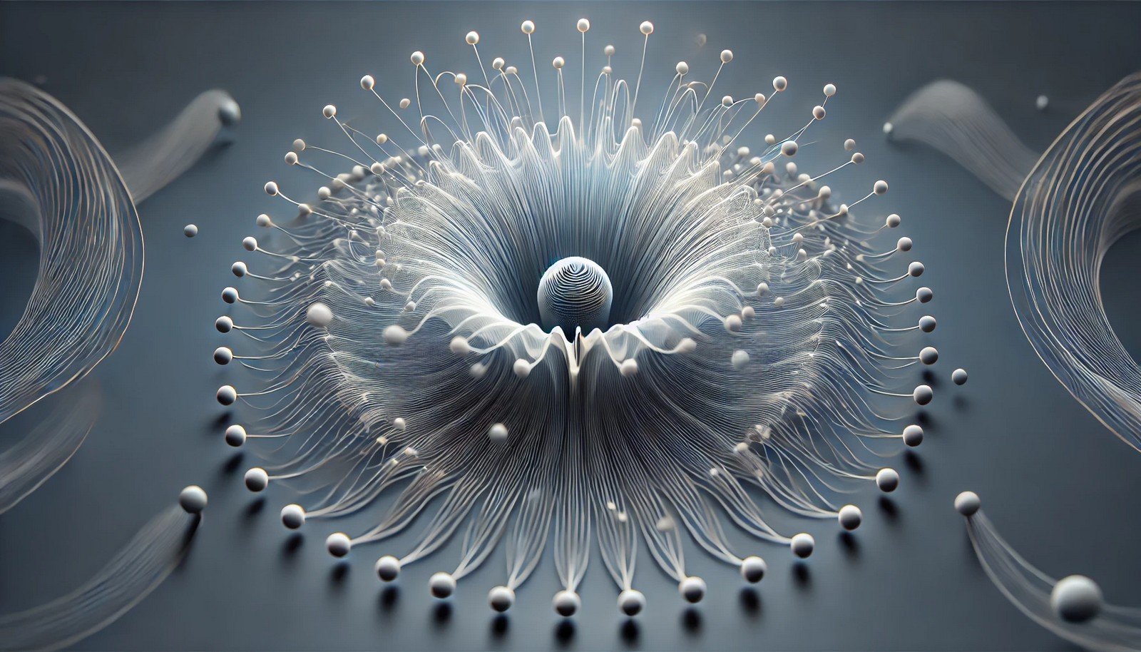 3D concept illustration of Radial Basis Function Networks, showcasing interconnected nodes in a radial pattern. The central node emits soft waves, symbolizing function approximation and data influence in AI networks.