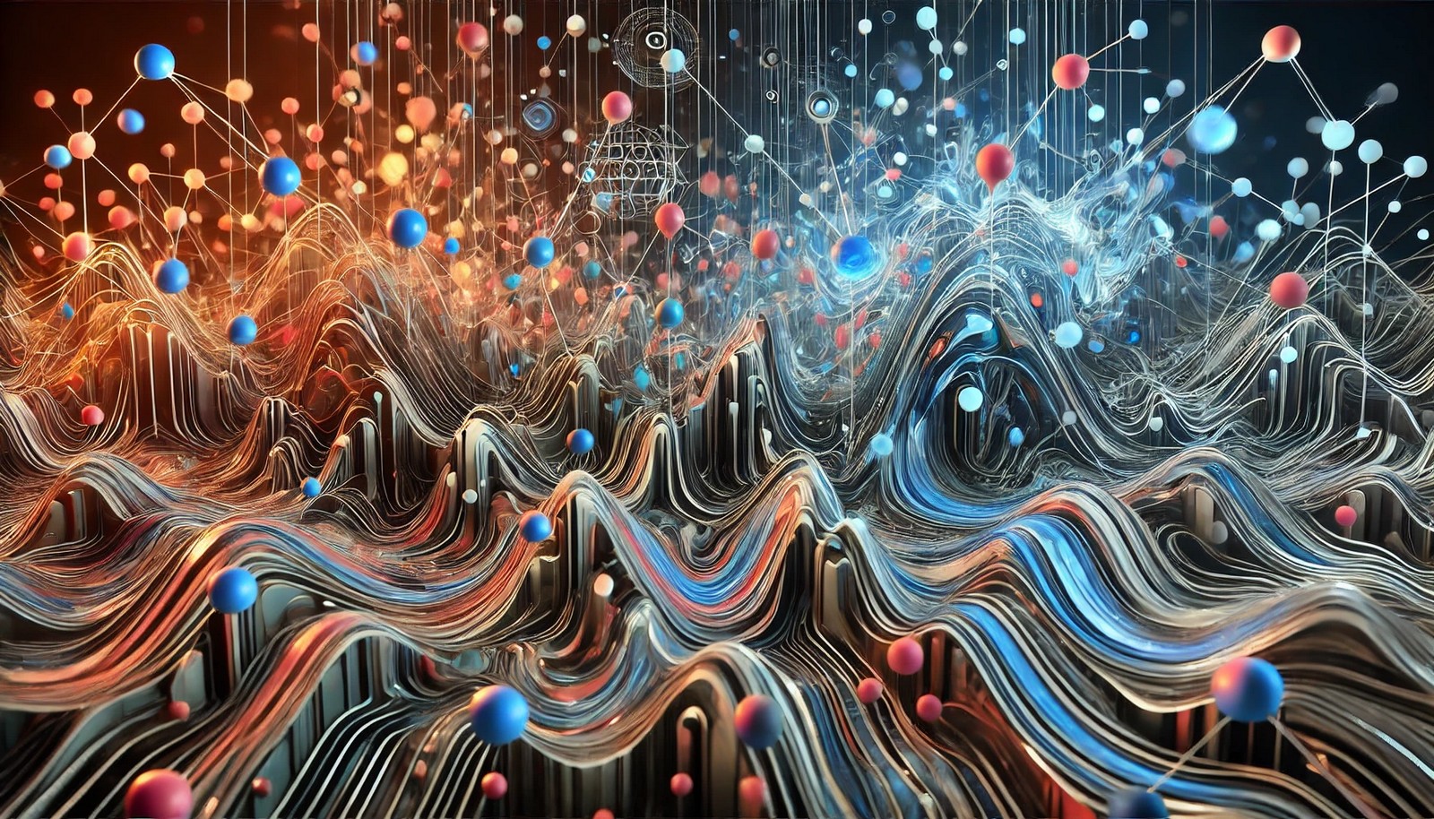 A neural network illustration of Liquid State Machines, showing interconnected, liquid-like nodes with ripple effects, representing real-time adaptability and dynamic processing. The dark background enhances the tech-inspired visual.