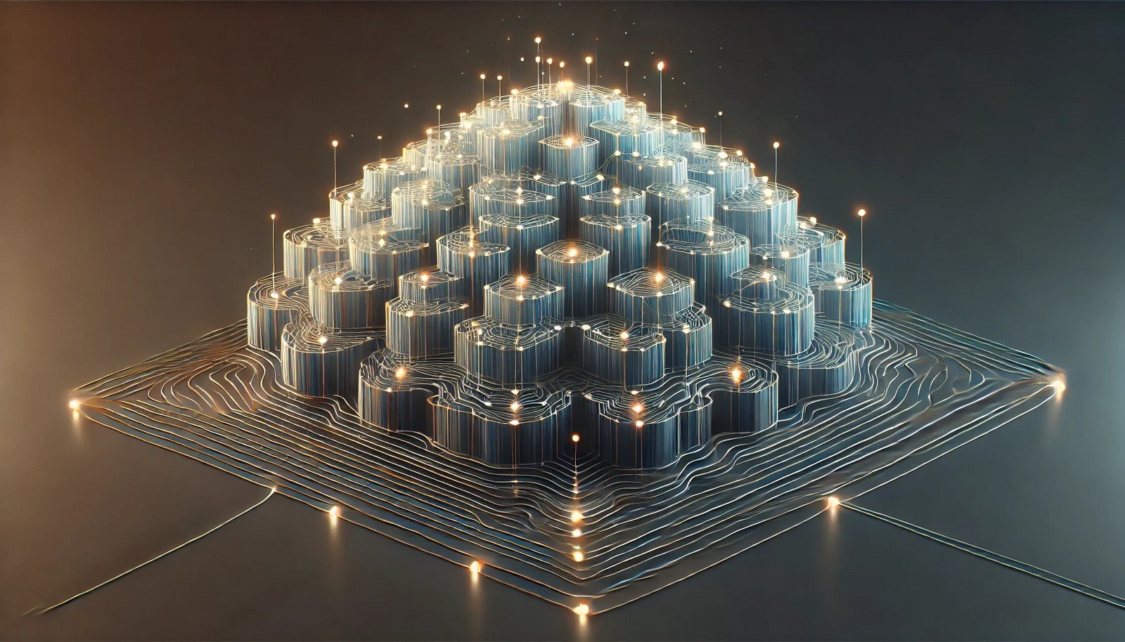 A 3D conceptual illustration of Hierarchical Temporal Memory, showing neural nodes in interconnected layers. Soft lighting highlights the brain-inspired structure, with a dark background emphasizing the layered design.