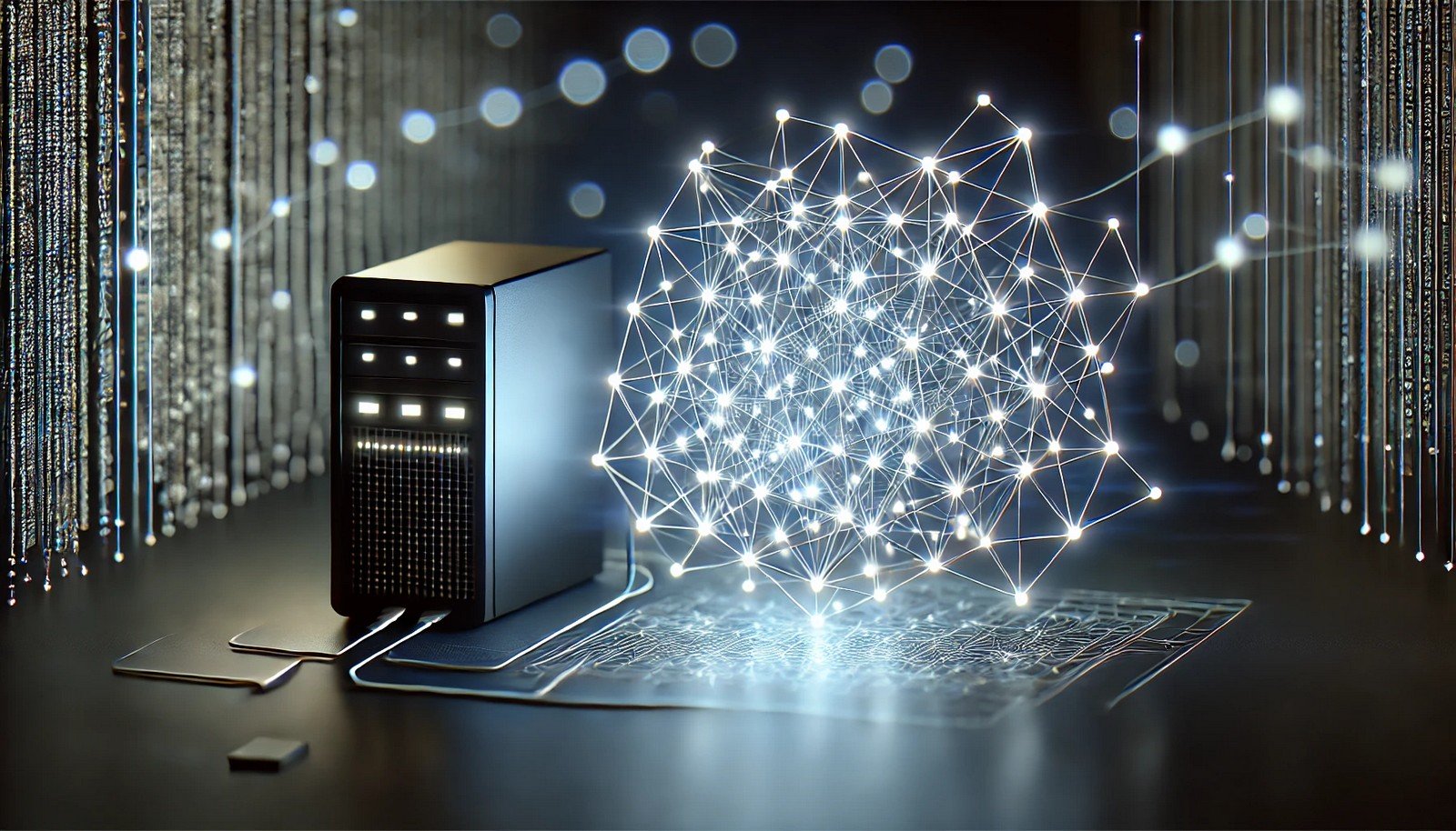 A 3D illustration of a Deep Convolutional Generative Adversarial Network with a computer server nearby, showing a glowing network of nodes, symbolizing AI's data processing capabilities in a dark environment.