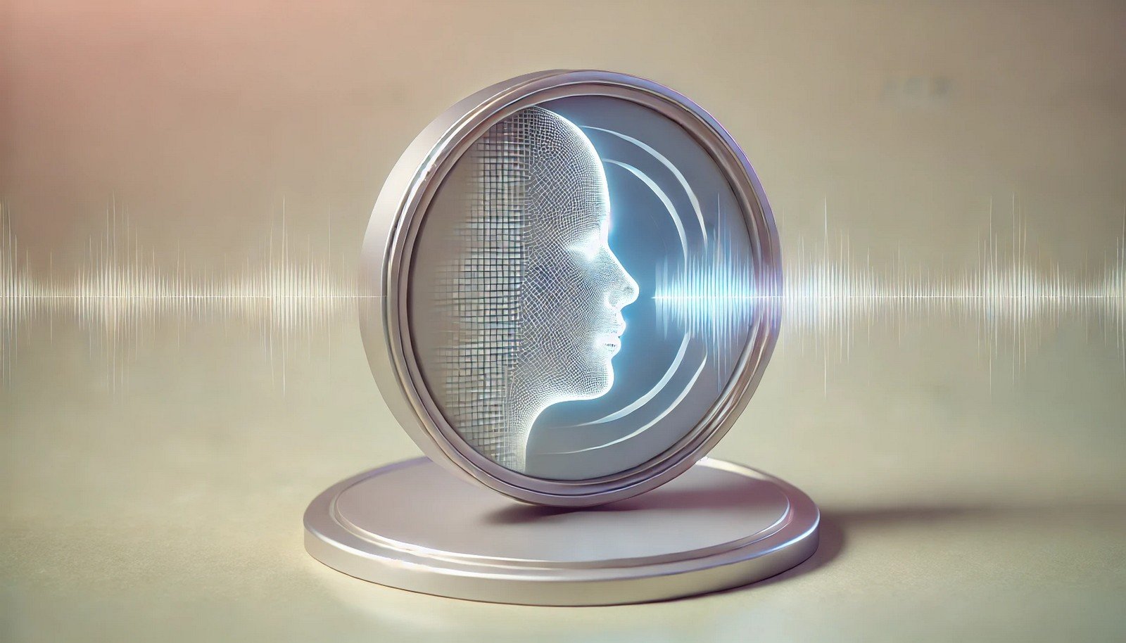 A 3D illustration depicting Automatic Speech Recognition (ASR), showing a digital face profile receiving sound waves that transform into data bits. The minimalistic design emphasizes the speech-to-text conversion process in a clean, focused style.