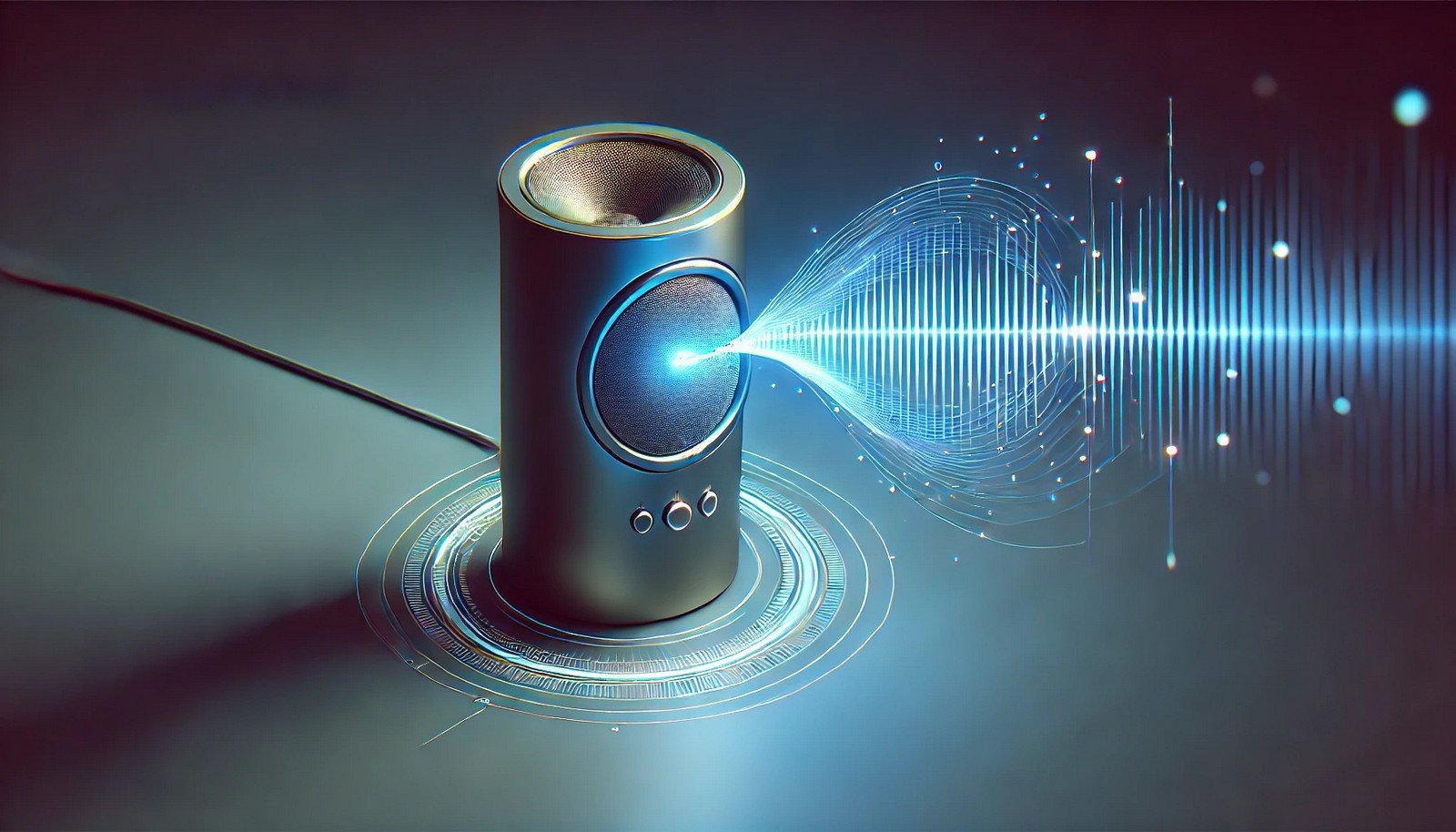 A 3D illustration of Text-to-Speech technology showing a digital voice wave emitting from a sleek speaker, transitioning into a glowing, fluid text stream symbolizing speech synthesis, in a minimalist, futuristic style.