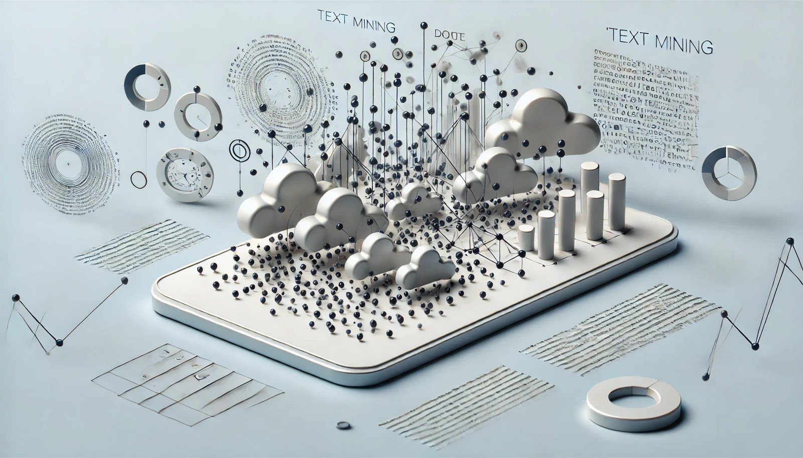 A 3D illustration of "Text Mining," featuring clusters of data points interconnected by smooth lines, representing the process of information extraction. Minimalist and metallic, with a futuristic style.