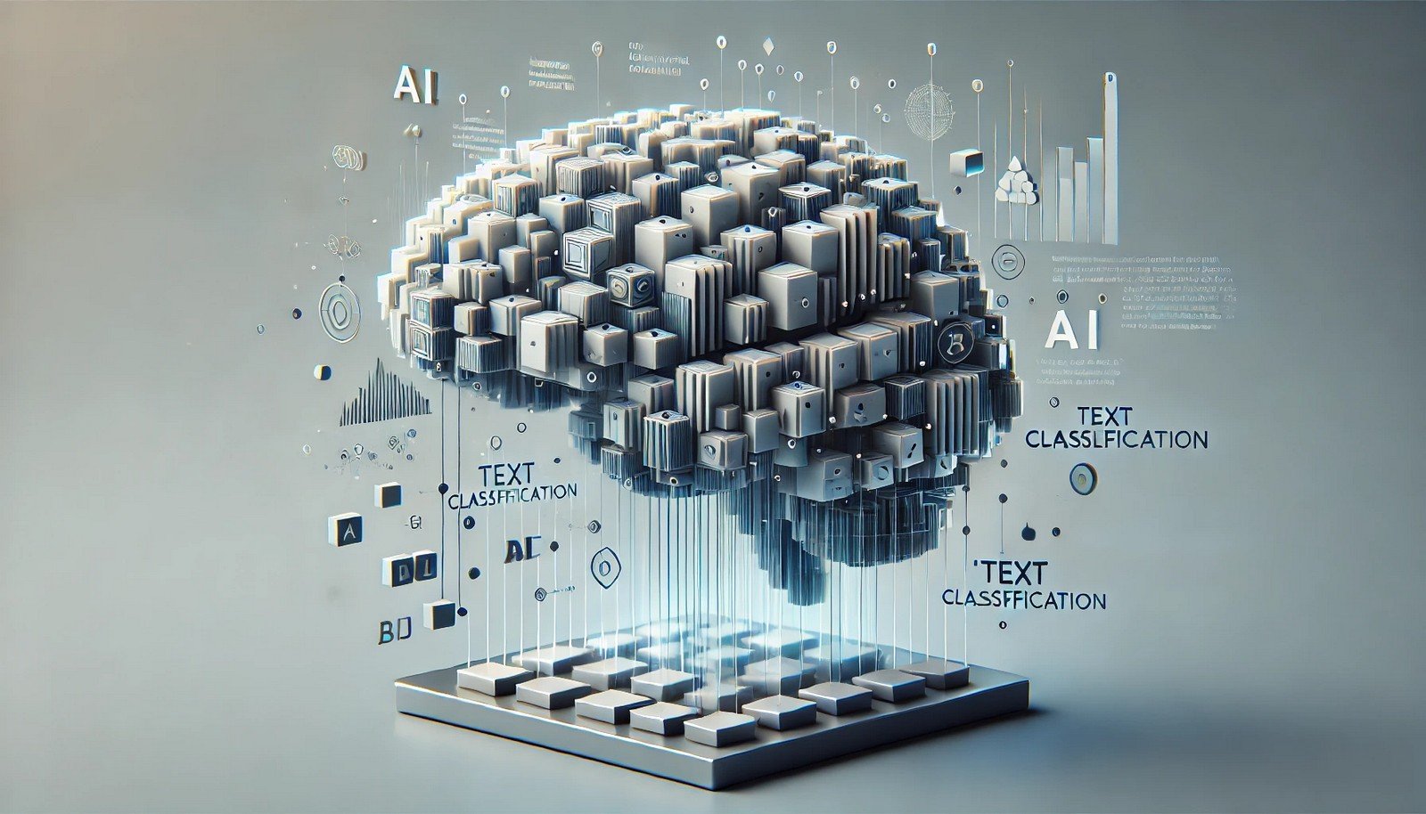 A 3D illustration of an abstract digital brain or neural network, visually sorting floating blocks into organized clusters, symbolizing AI-driven text classification in a modern, minimalist style.