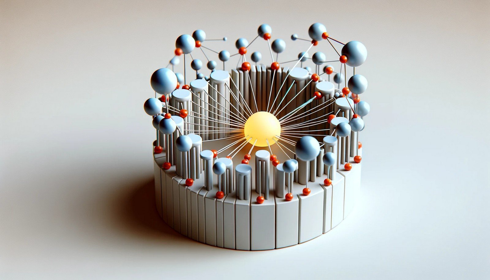 A 3D concept illustration of Term Frequency-Inverse Document Frequency (TF-IDF) with a central highlighted node connected to surrounding nodes, symbolizing document analysis and word importance in a minimalist, modern style.