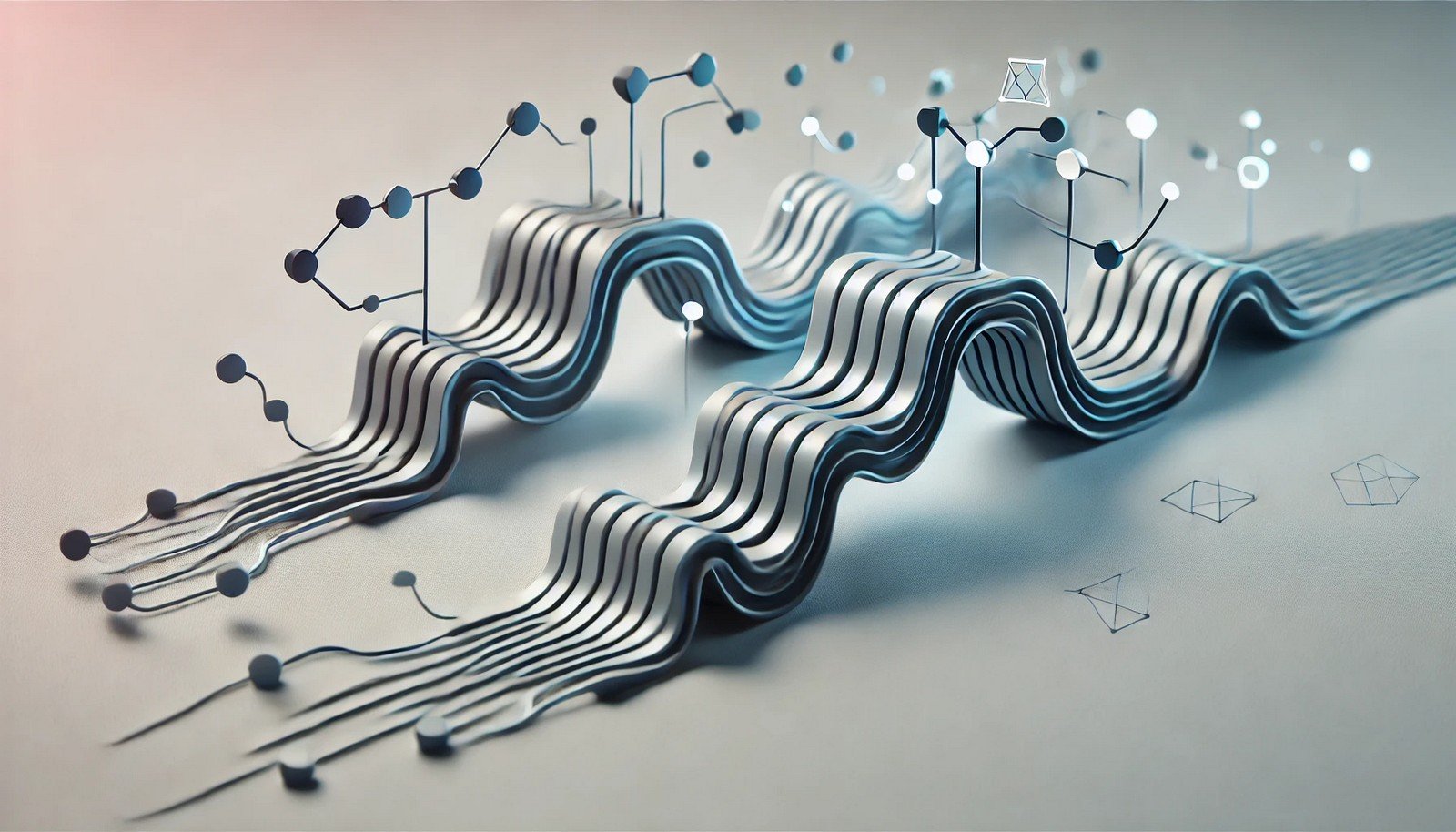 A 3D conceptual illustration depicting Sequence-to-Sequence models in AI, featuring two abstract neural network-like shapes connected in a streamlined flow to symbolize sequence transformation.