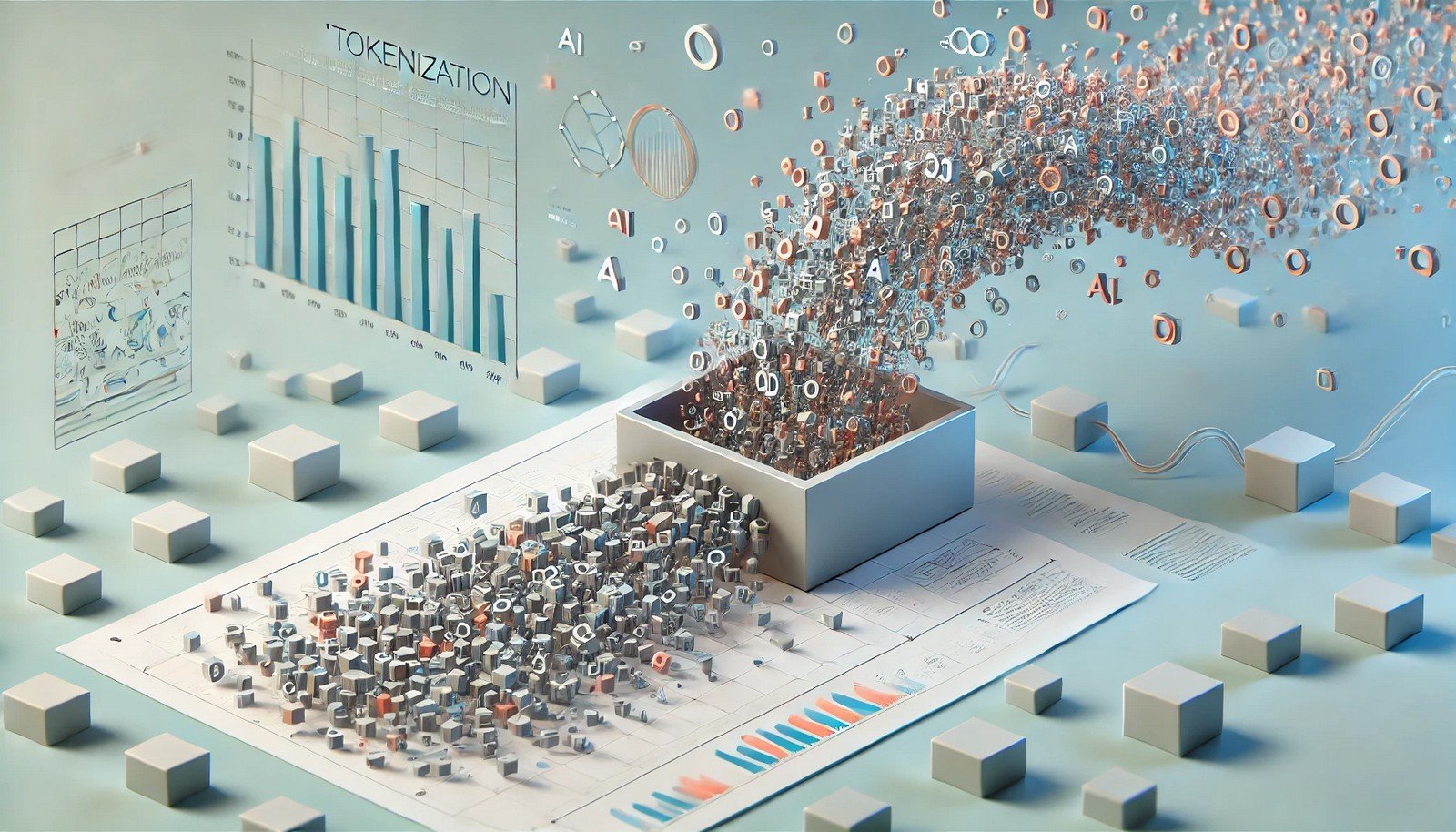 A 3D illustration of tokenization in AI, depicting a continuous flow of text dividing into small geometric tokens, flowing into a processing area with abstract digital elements. Minimalist, soft gradient background.