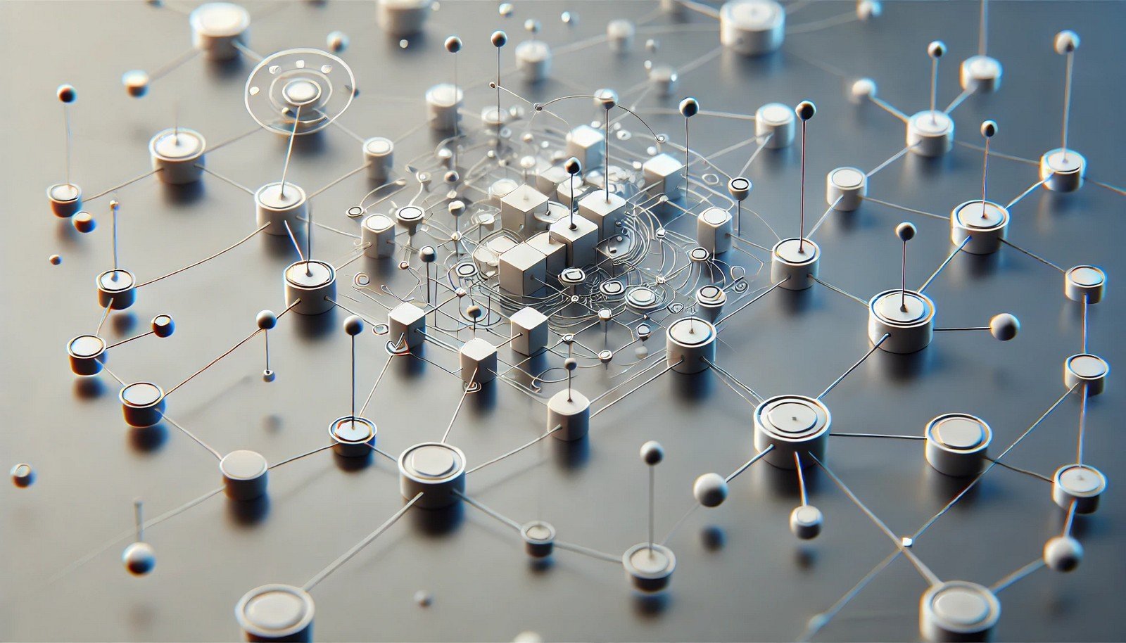 A futuristic 3D illustration of Dependency Parsing, featuring floating spheres as words, connected by glowing lines. The network-like structure highlights relational dependencies, symbolizing sentence syntax in a minimalistic design.