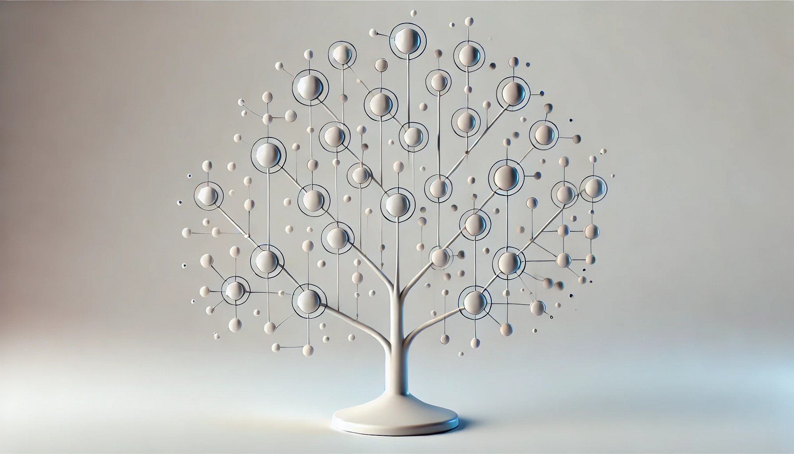 A minimalistic 3D illustration of a syntax tree, showing a branching structure with connected nodes representing linguistic elements, illustrating sentence syntax in natural language processing. Clean, modern, and focused on structure.