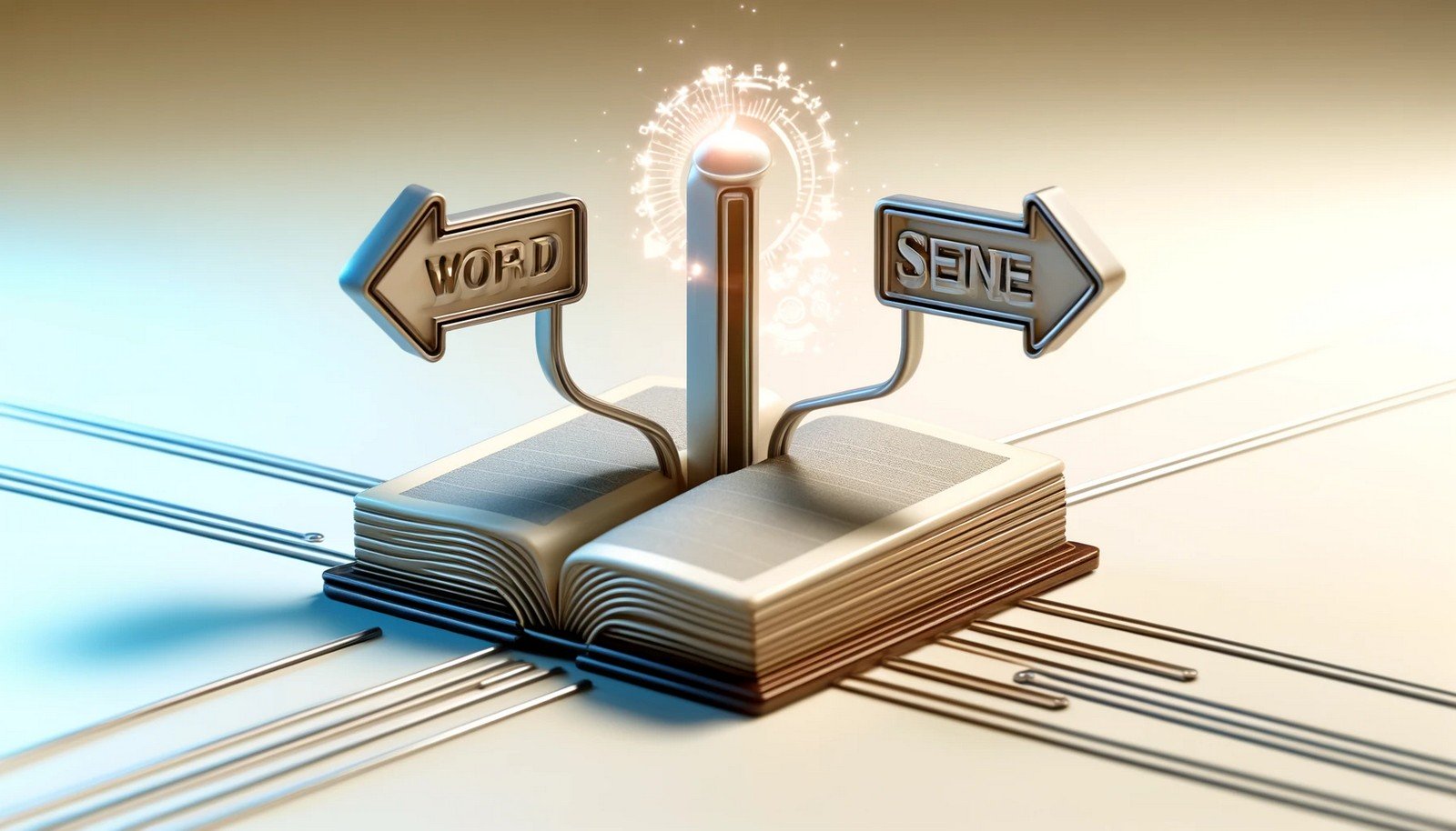 A 3D illustration depicting "Word Sense Disambiguation," with two diverging paths: one leading to a glowing book symbolizing knowledge, the other to a tech element representing digital interpretation.