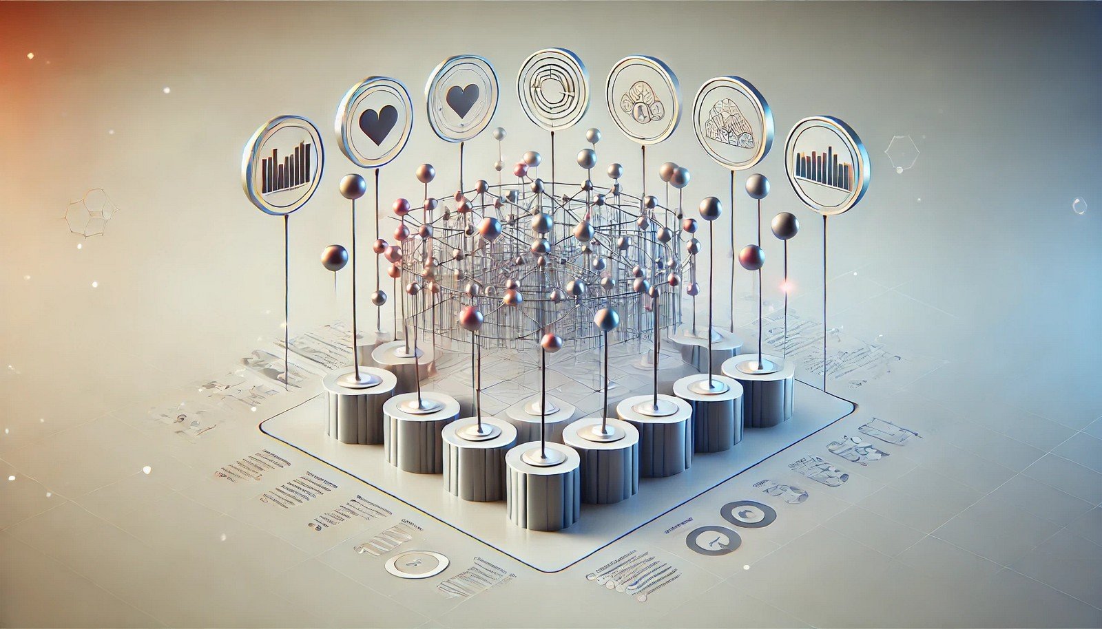 A simplified 3D illustration of Aspect-based Sentiment Analysis, featuring minimalistic data points connected in a futuristic design on a clean gradient background, representing an AI system analyzing product aspects.