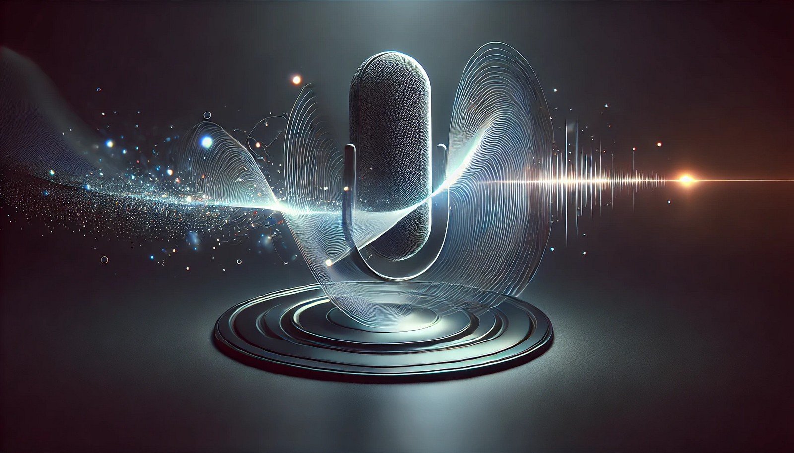 A 3D concept illustration of speech synthesis, showing a sleek, abstract speaker emitting smooth digital sound waves. Glowing particles represent the transformation into speech, set against a dark background for emphasis.