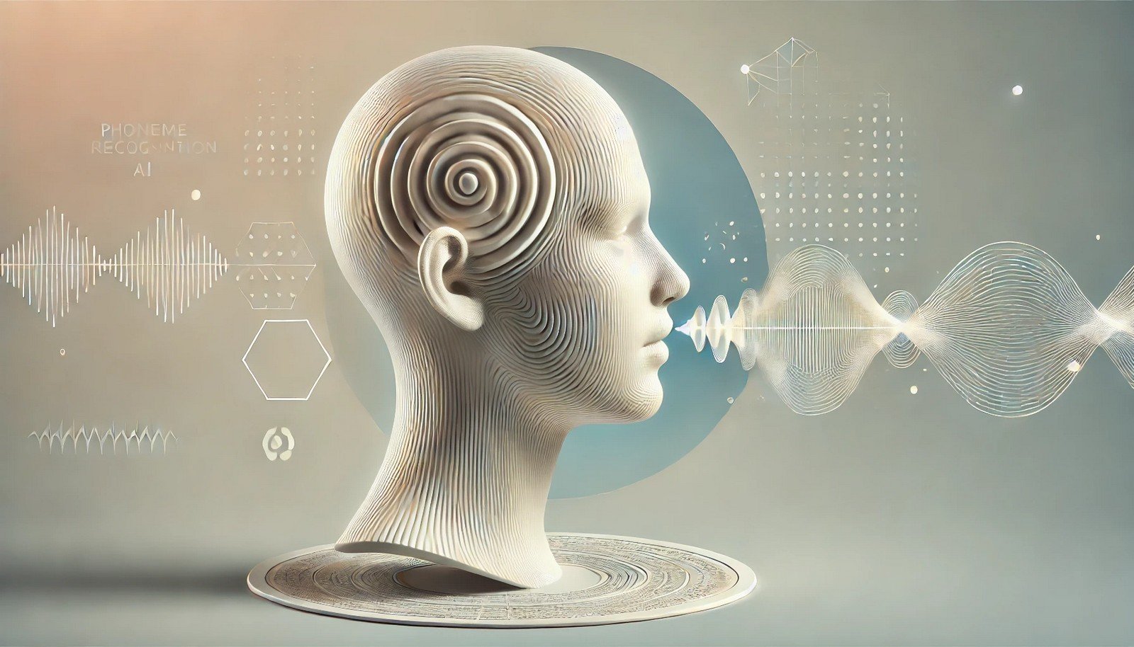 A 3D concept illustration of phoneme recognition in AI, depicting a human head profile emitting abstract sound waves from the mouth, symbolizing audio data analysis. Minimalist and clean design.