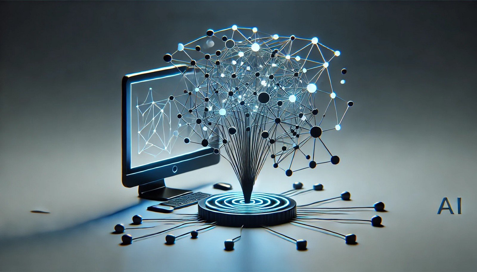 A 3D illustration of a pre-trained language model with a computer alongside a network of interconnected nodes, symbolizing AI processing language patterns. Minimalist, futuristic, and no text.