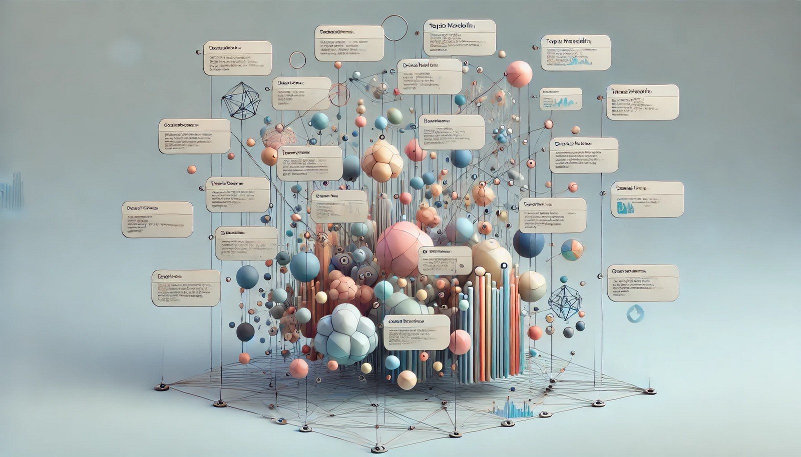 3D concept illustration of topic modeling with interconnected clusters of nodes representing distinct themes within text. The clusters have subtle color variations, giving a clear, minimalist representation of topic separation.