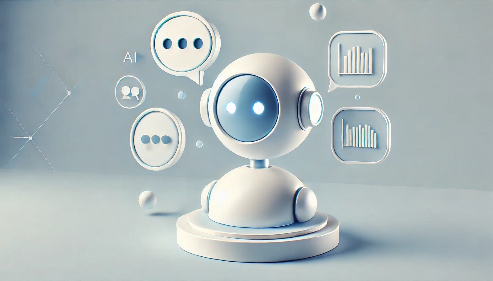 A 3D illustration depicting Conversational AI, showing a futuristic chatbot with dialogue bubbles symbolizing communication between human and machine in a minimalist virtual setting with soft blue tones.