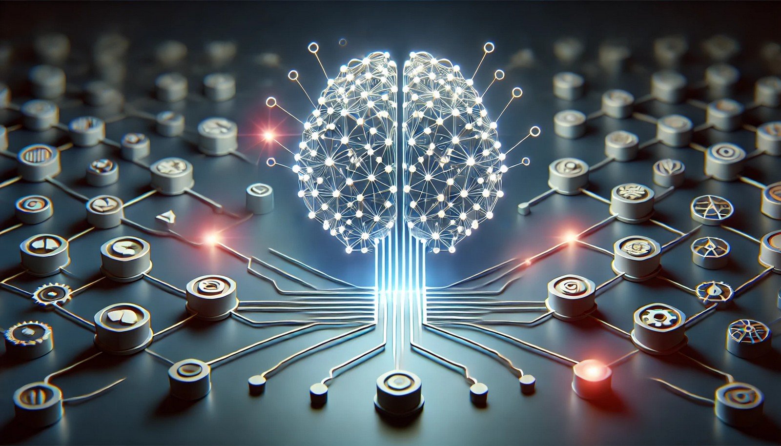 A 3D illustration of Knowledge Extraction, featuring a glowing digital brain at the center with surrounding data nodes and connectors, symbolizing AI's structured data processing in a minimal, futuristic design.