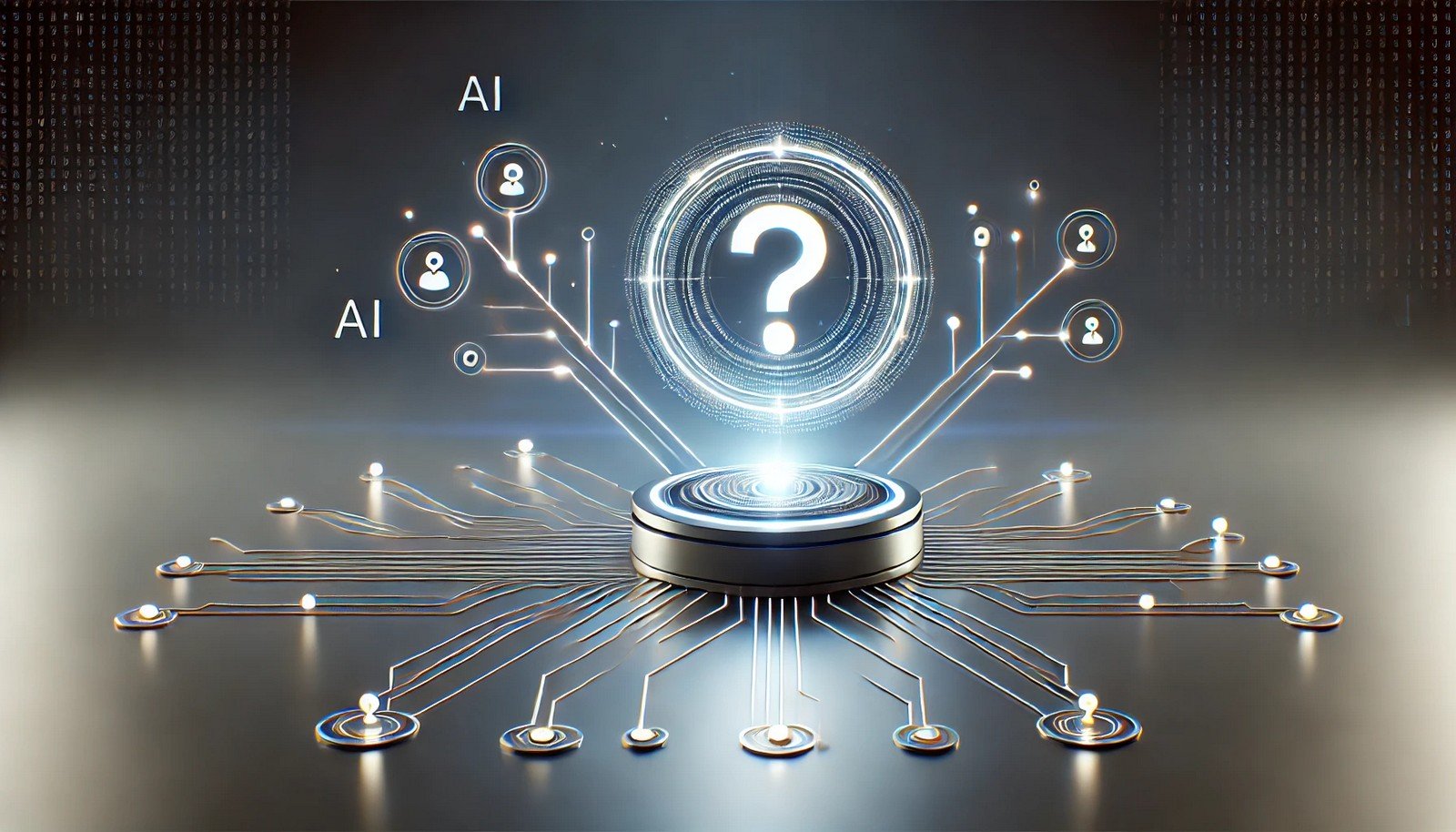 A 3D illustration showing the concept of Question Answering in AI, with a glowing central sphere representing AI and radiating lines symbolizing information retrieval, set against a dark gradient background.