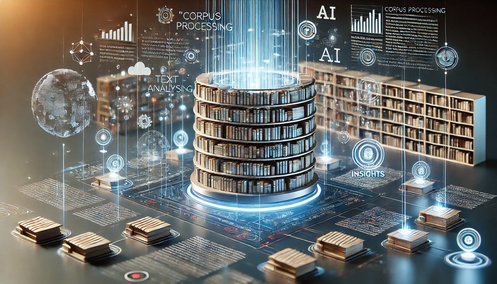 A clean 3D illustration of an abstract library, featuring streams of floating text and geometric shapes interconnected to represent the concept of corpus processing in AI and text analysis.