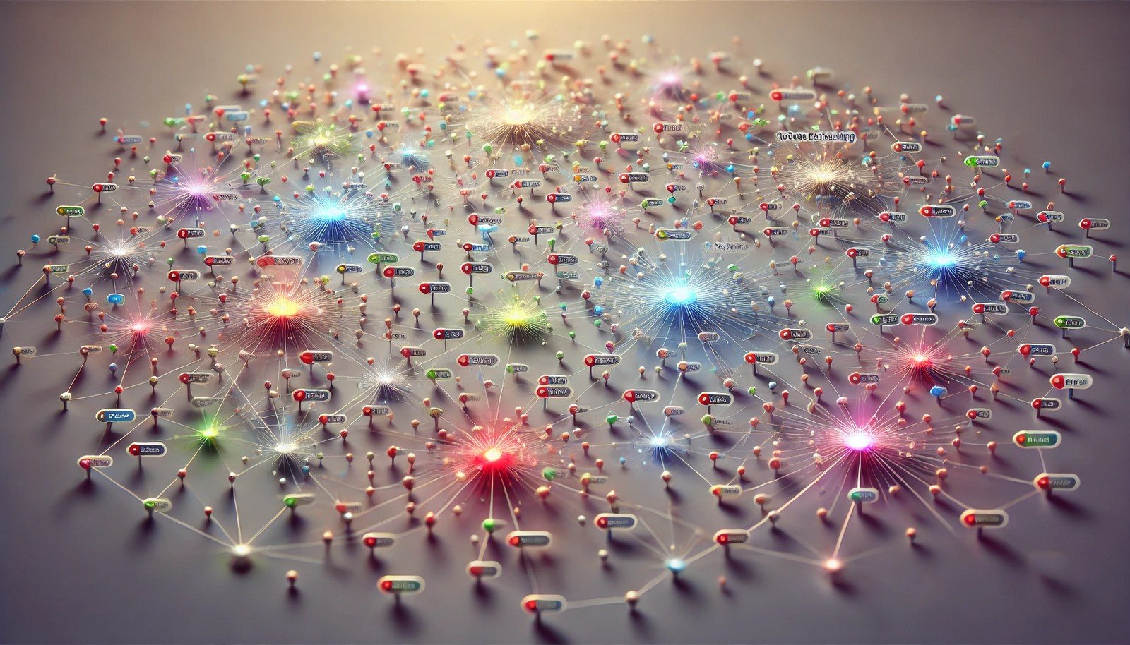 A 3D illustration depicting the concept of token embedding in natural language processing, with colorful nodes linked by glowing lines, representing word relationships in a continuous vector space.