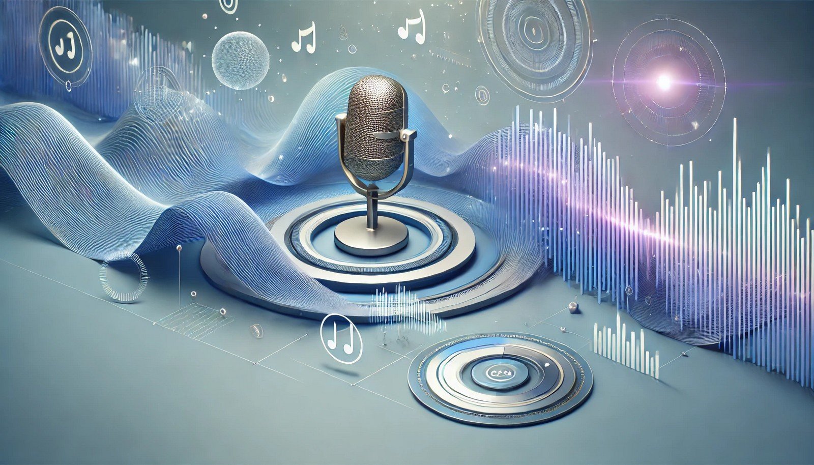 A 3D illustration showing soundwaves morphing into varied voice patterns, symbolizing voice conversion. The design features abstract elements in blue and purple, creating a modern, tech-inspired atmosphere.