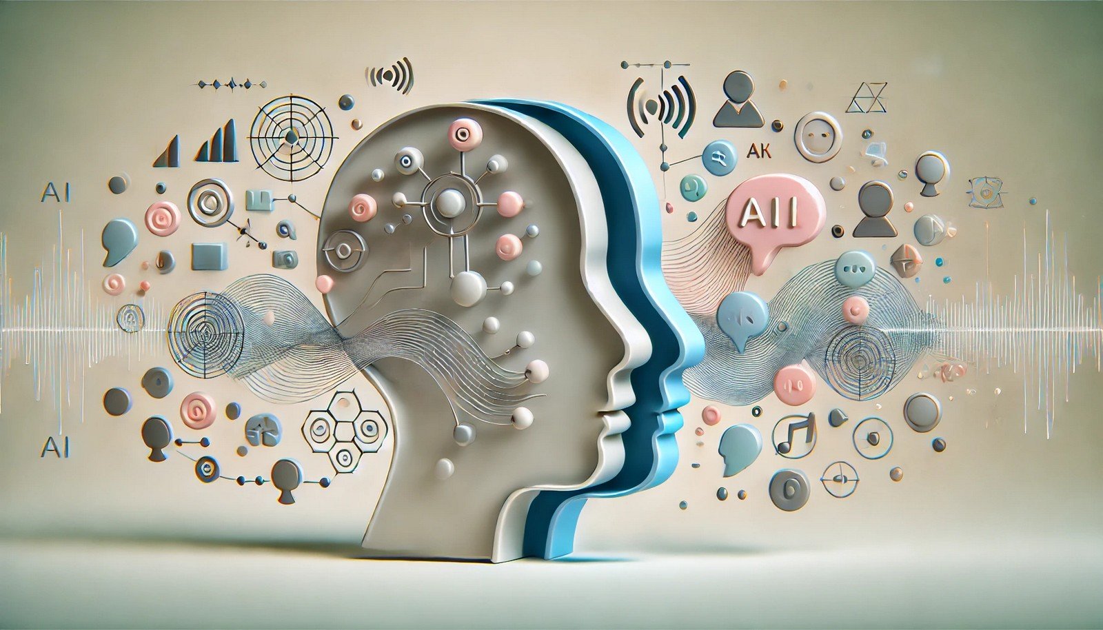 A 3D illustration showing abstract human faces with flowing language patterns between them, symbolizing dialect variations. Elements like sound waves and speech bubbles illustrate AI analysis of language diversity.