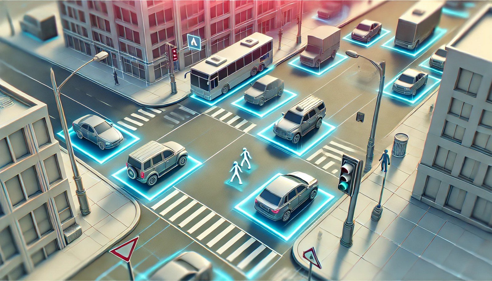 A 3D illustration of object detection, showing a city street scene with bounding boxes around cars, pedestrians, and signs, simulating real-time detection in computer vision.