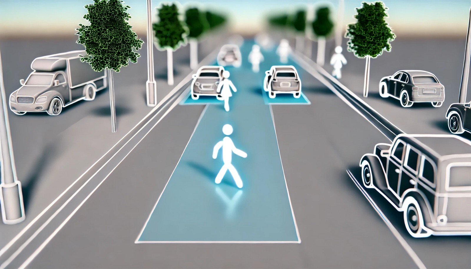 A 3D illustration depicting instance segmentation in AI, with distinct objects on a road like cars, trees, and pedestrians, each highlighted individually, showcasing precise segmentation in a futuristic style.