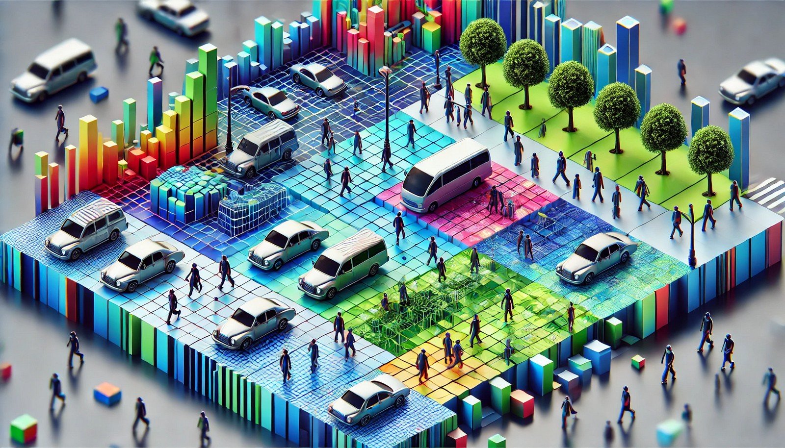 A 3D illustration of semantic segmentation in AI, showing a futuristic scene where objects like cars, trees, and pedestrians are separated into distinct, vibrant color segments to represent pixel-level classification.