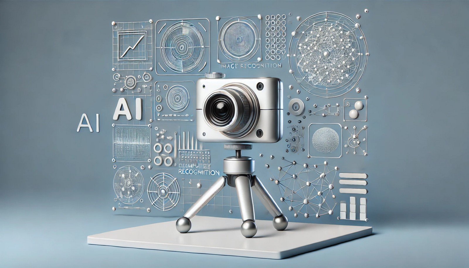 A 3D illustration showcasing AI image recognition, with a digital camera surrounded by abstract neural network patterns that identify shapes, symbolizing advanced computer vision capabilities.