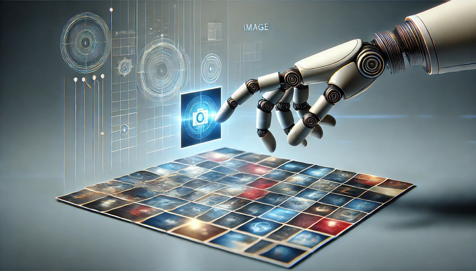 A 3D illustration depicting the concept of image retrieval, showing a futuristic interface with images in a grid, and one image being highlighted and selected by a robotic hand, symbolizing AI-powered search technology.