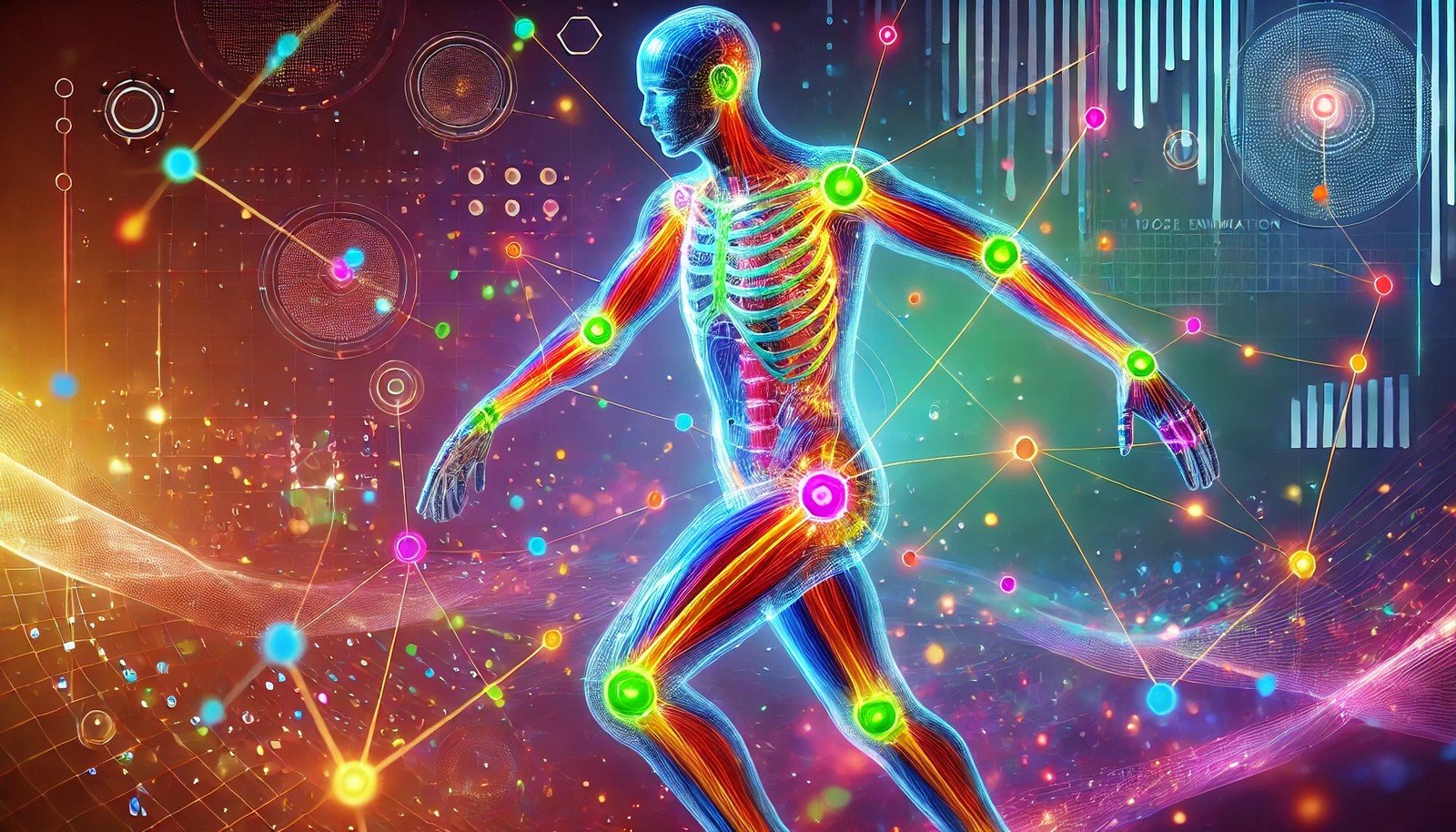 A vibrant 3D illustration of AI Pose Estimation, featuring a human figure with colorful, glowing keypoints connected by lines, set against a dynamic, abstract background with bright digital elements.