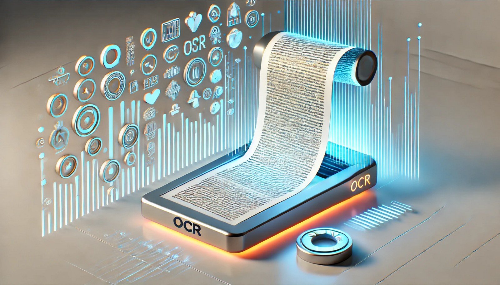 A 3D illustration representing Optical Character Recognition (OCR), with a digital scanner converting printed text from a paper document into digital data, set against a minimal, tech-inspired background.