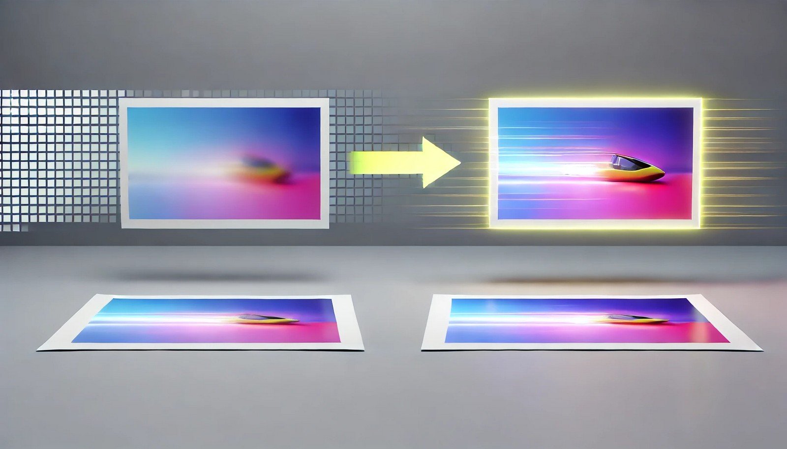 A 3D illustration symbolizing Image Super-Resolution, showing the transformation of a low-resolution image into a clear, high-resolution image with vibrant, sharp details and dynamic lighting effects.