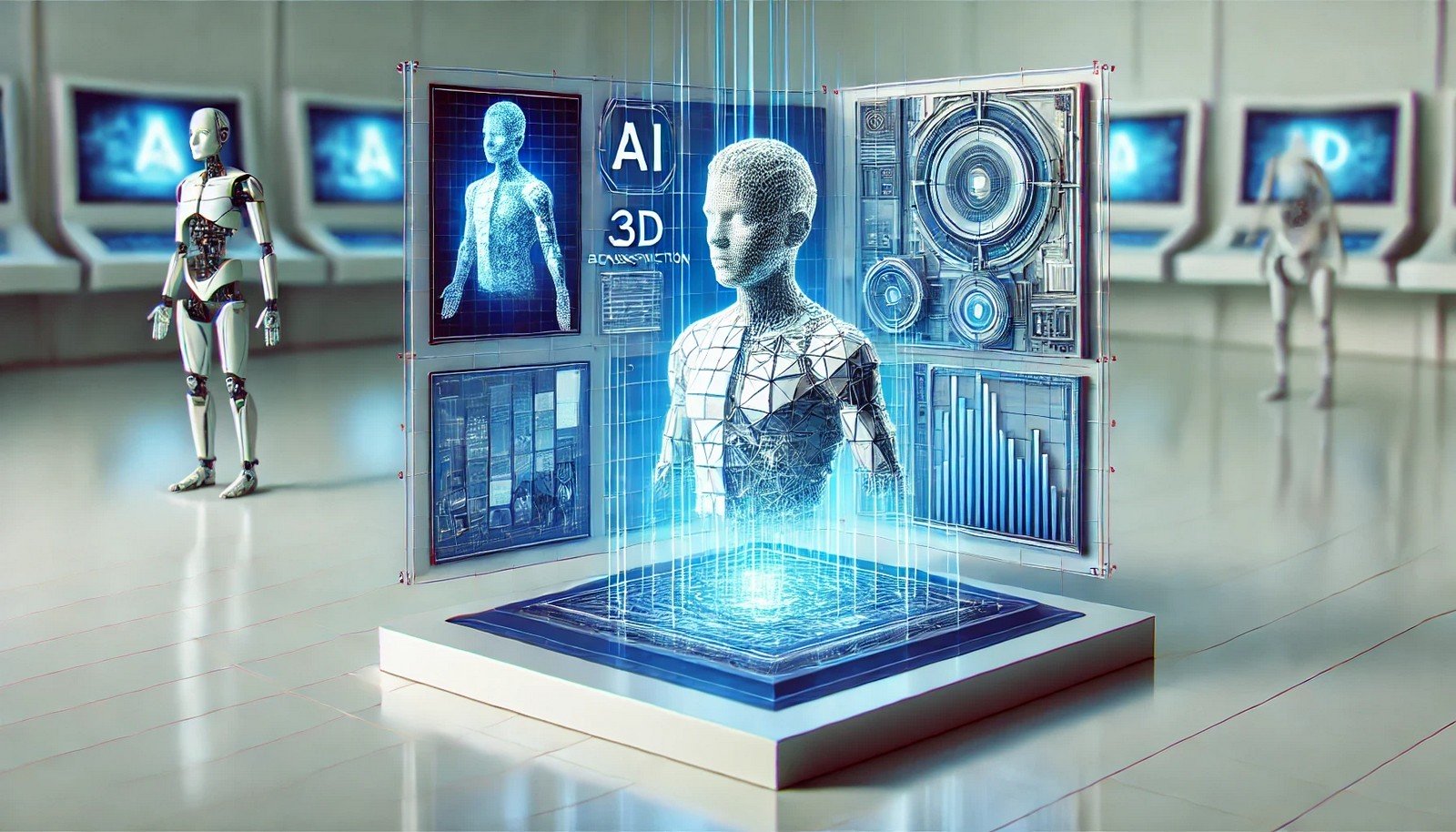 A sleek 3D illustration of AI transforming 2D images into a 3D model with a holographic digital interface, emphasizing advanced technology in a minimalist blue and silver color scheme.