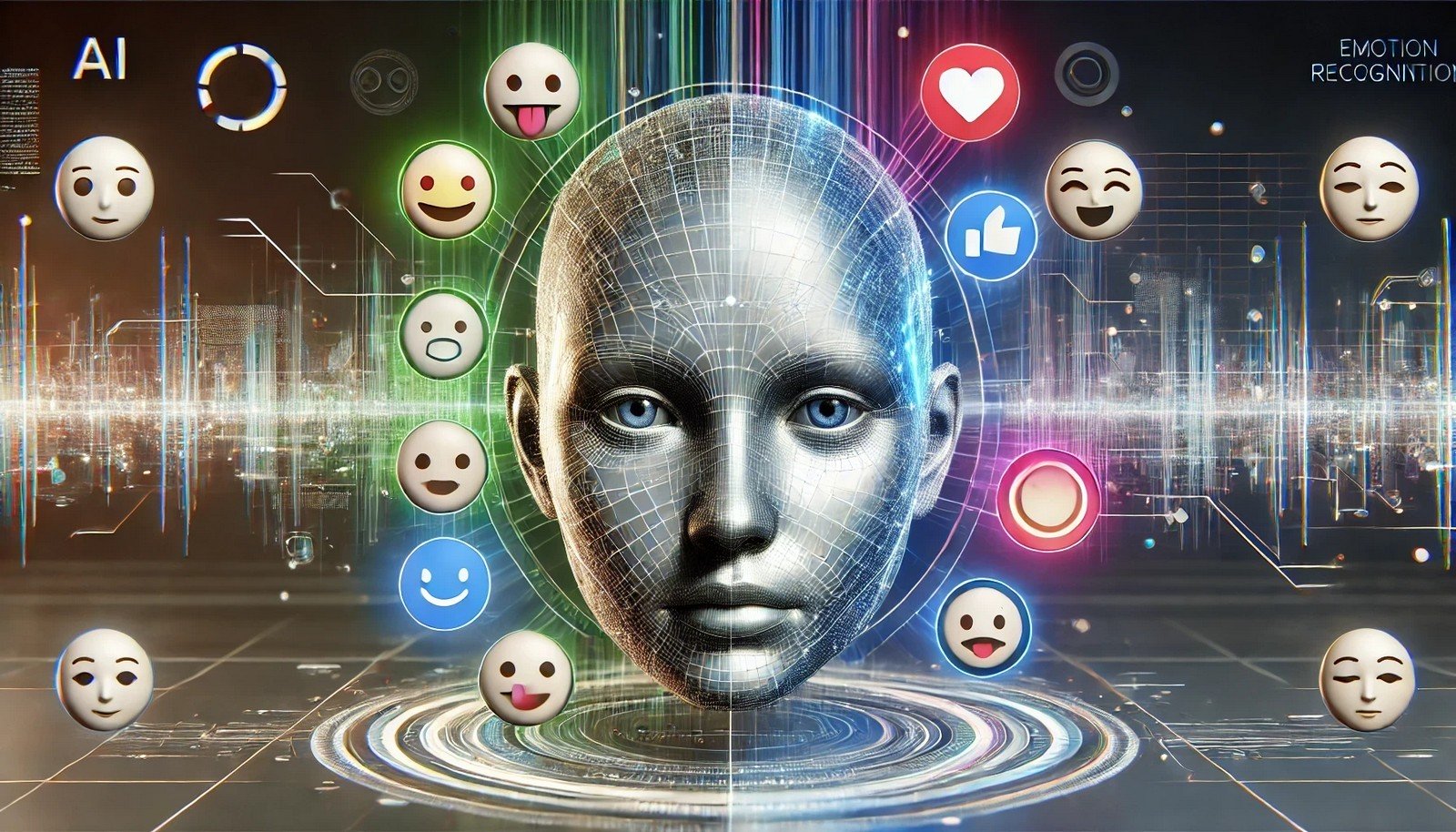 3D illustration of a digital face reflecting multiple emotions, surrounded by abstract, colorful data flows representing AI-driven emotion recognition. The background is sleek and futuristic.