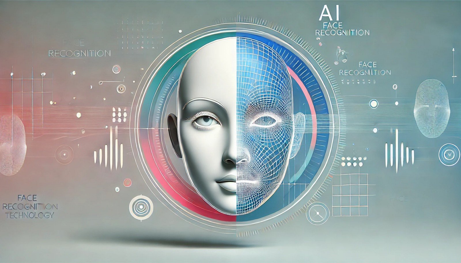 A 3D illustration of a human face surrounded by geometric patterns, symbolizing AI face recognition. The digital elements highlight facial mapping and data analysis in a futuristic, tech-driven environment.