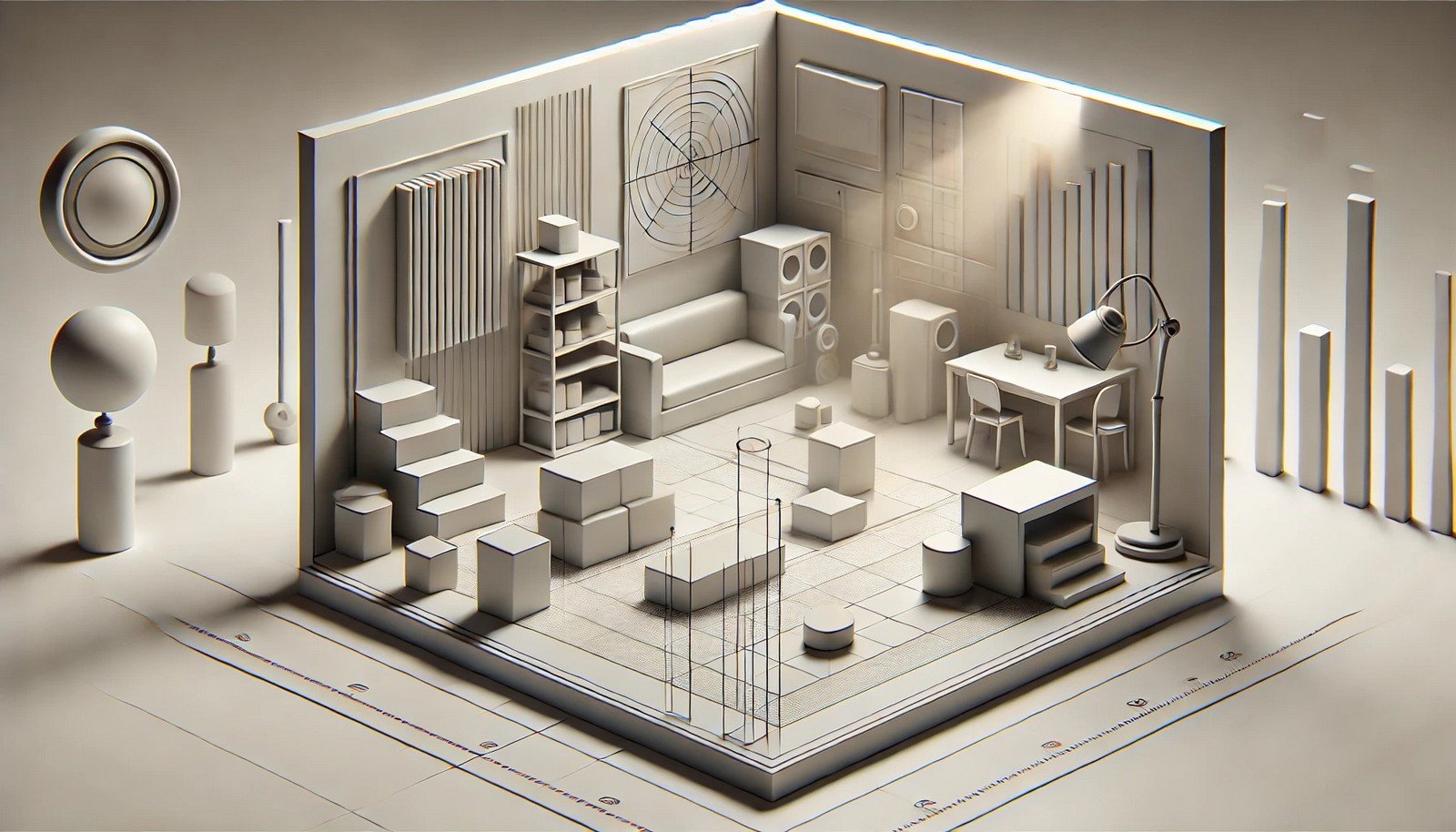 A 3D illustration of depth estimation, showing various objects placed at different distances in a minimalist, high-tech setting with soft shadows and layered shading to convey spatial depth.