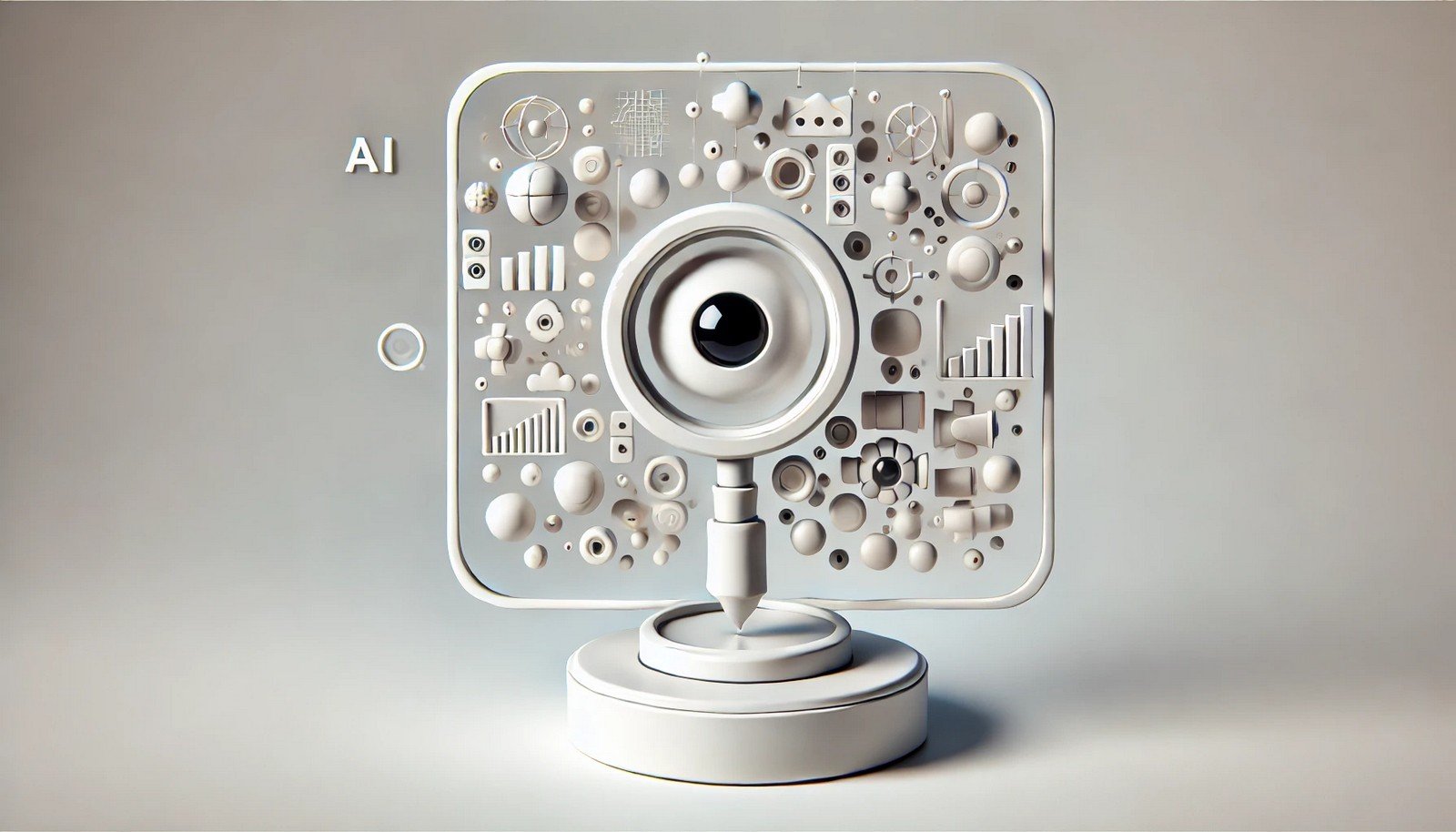 A 3D illustration showing an AI device analyzing an image with floating text bubbles representing captions, demonstrating AI’s capability in identifying objects and context in images.