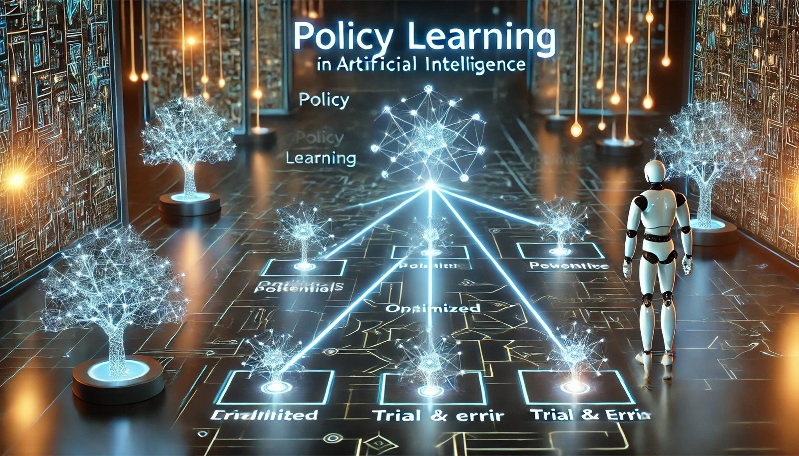 A futuristic 3D illustration of Policy Learning in AI, featuring an agent in a digital environment evaluating glowing pathways, each with varied brightness, representing decision optimization and learning from experience.