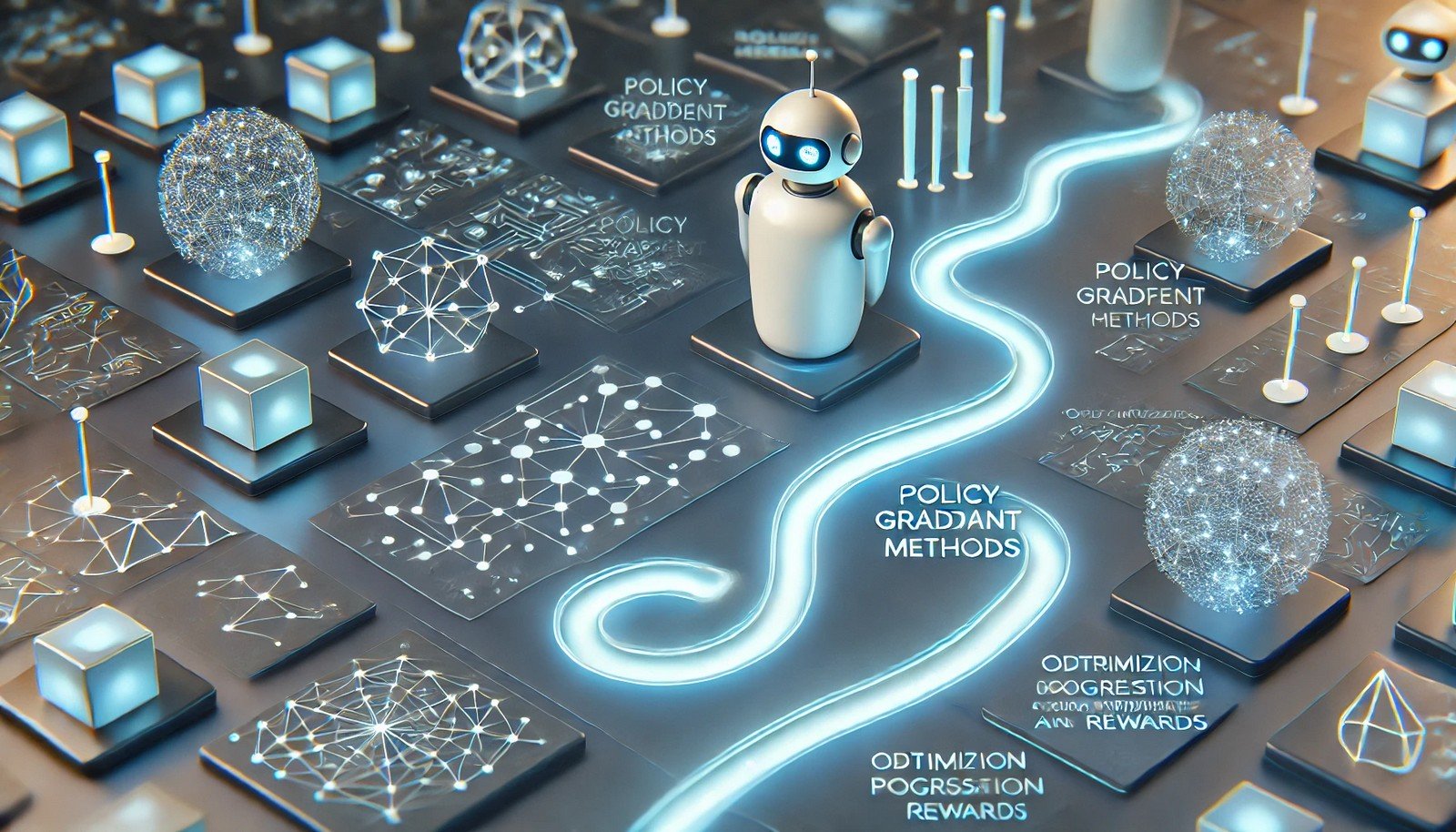 A futuristic 3D illustration of Policy Gradient Methods, featuring an AI agent in a digital environment navigating multiple glowing paths, symbolizing optimized choices and progression toward rewards.