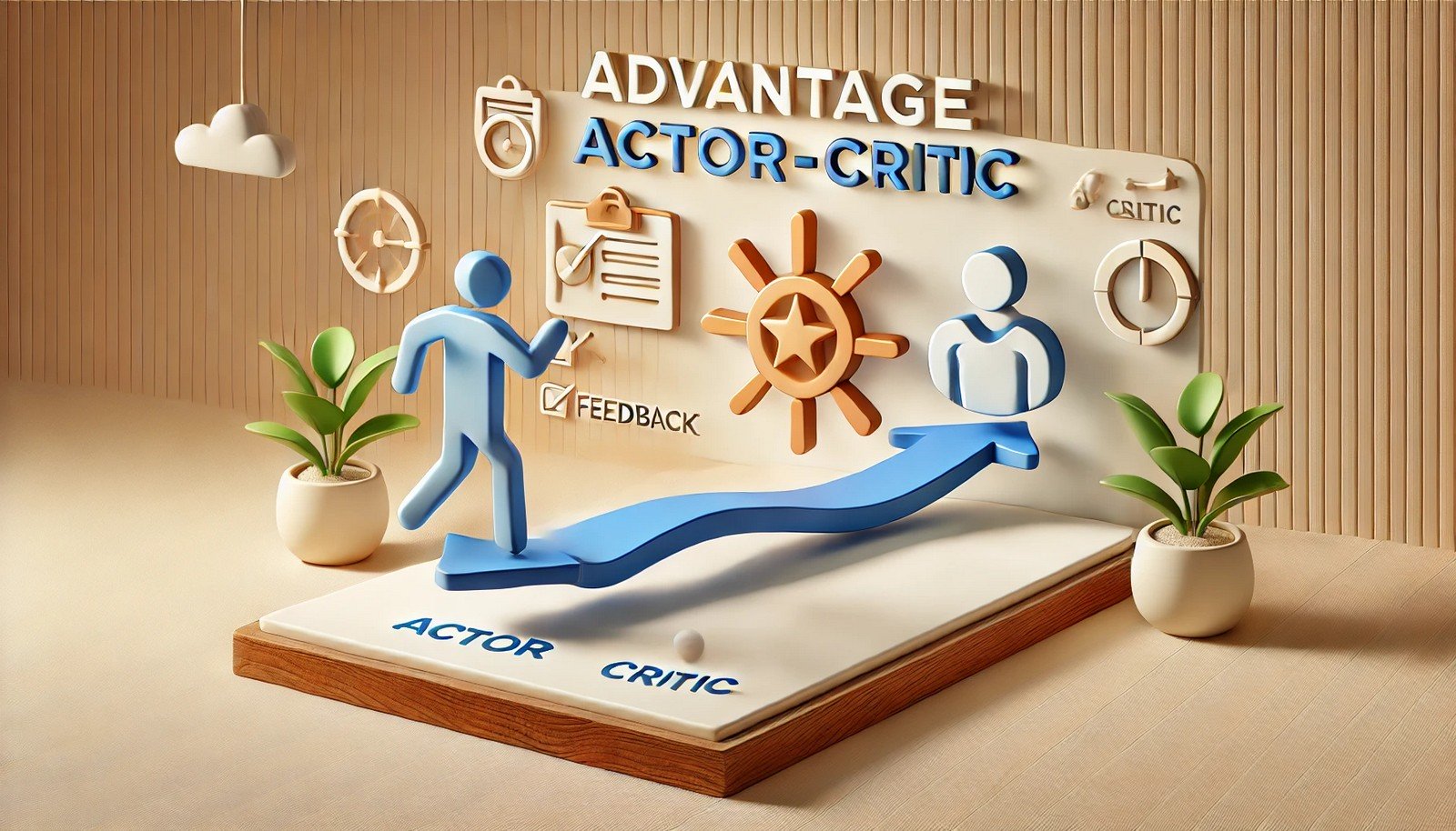 3D illustration showing an 'actor' element dynamically moving forward while a 'critic' provides feedback from a stable position, visually representing their balanced interaction in decision-making.