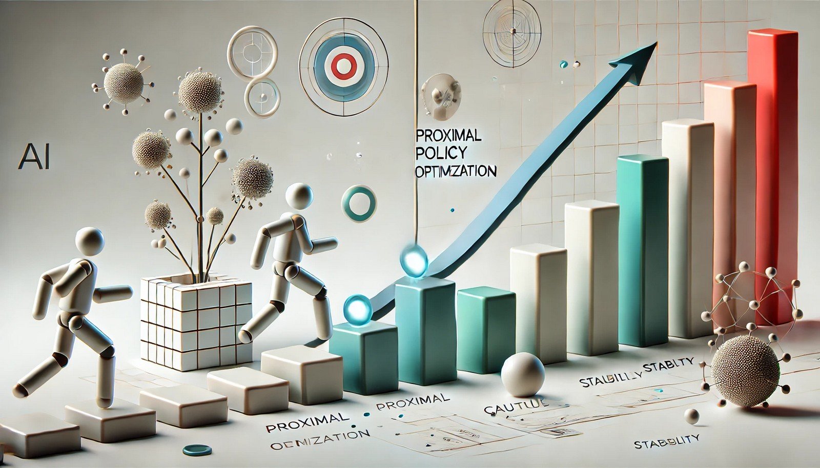 3D illustration symbolizing Proximal Policy Optimization, showing an AI model progressing through calculated steps towards a goal in a dynamic environment, representing stability and measured improvement in machine learning.