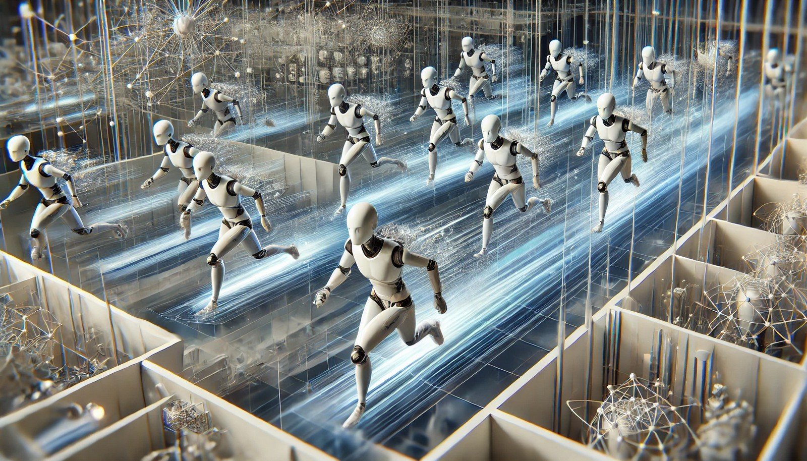 A 3D illustration of the Asynchronous Advantage Actor-Critic (A3C) concept, showing multiple AI agents in different environments. Agents are connected by data flows, symbolizing parallel learning and decision-making.