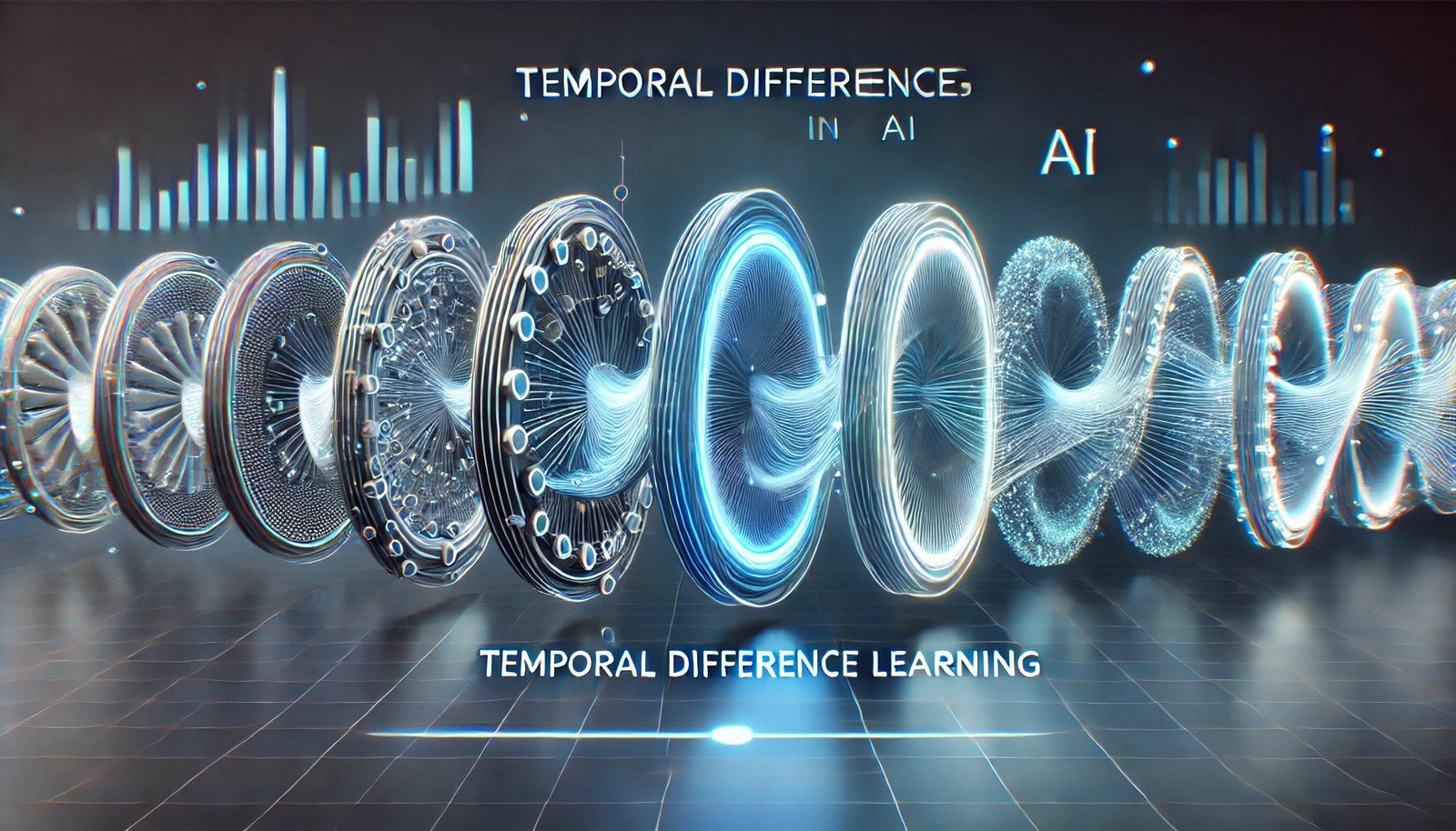 A 3D illustration showing dynamic feedback loops that represent Temporal Difference Learning, highlighting sequential improvements. The loops illustrate how AI predictions adapt and refine over time in response to new information.