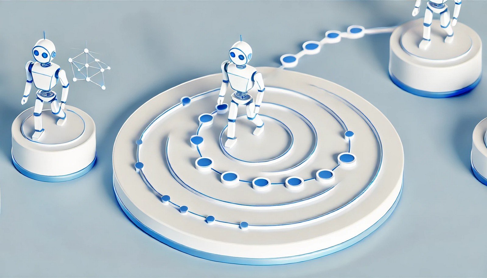 A 3D illustration of SARSA in AI, showing an agent navigating a connected environment with iterative decision steps and feedback loops, symbolizing adaptive learning in a dynamic, pathway-based structure.