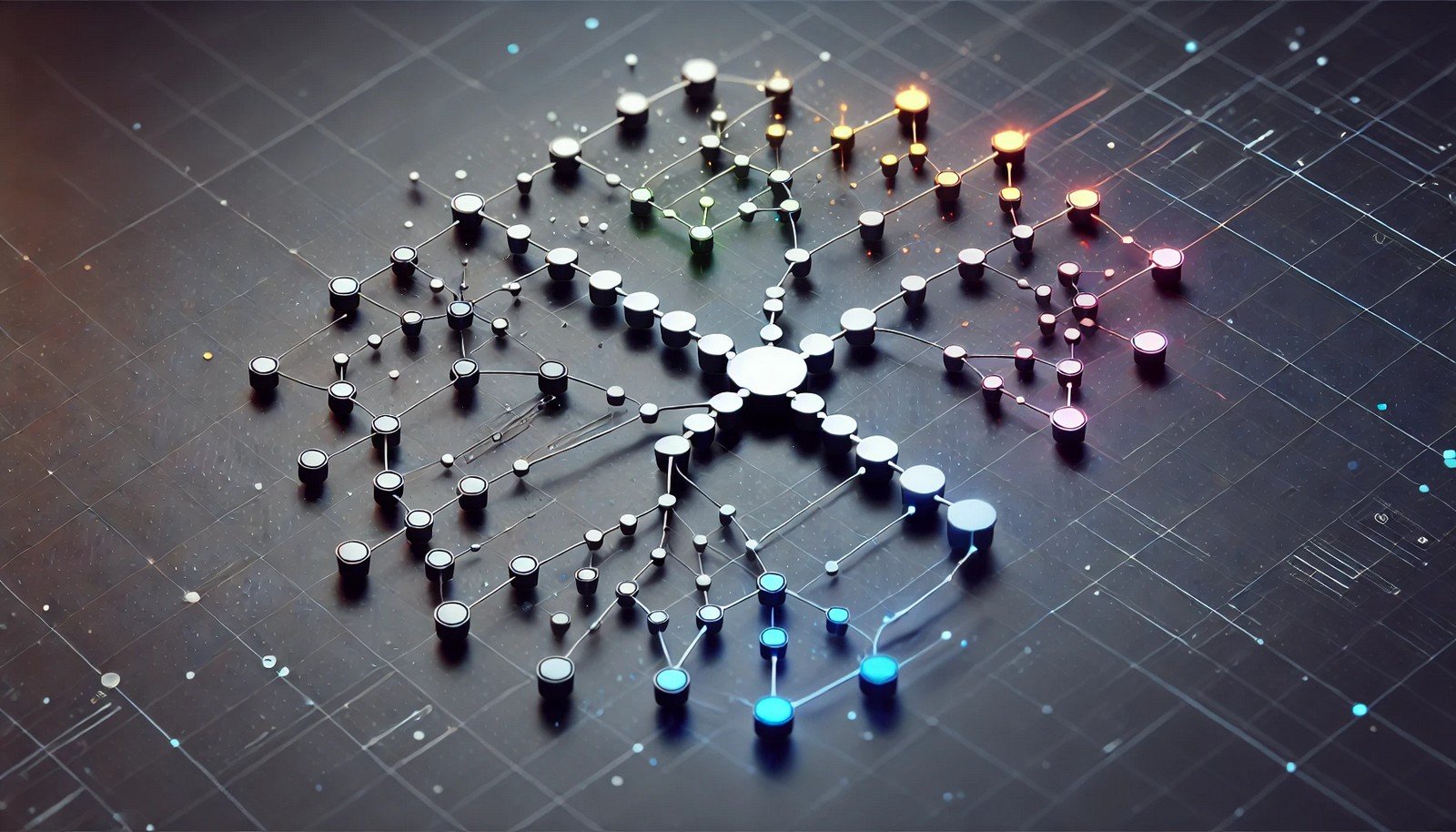 A 3D illustration of an abstract decision tree with branching paths representing the Bellman Equation concept. Nodes and pathways illustrate optimal decisions with colors differentiating immediate and future rewards, creating a sense of depth.