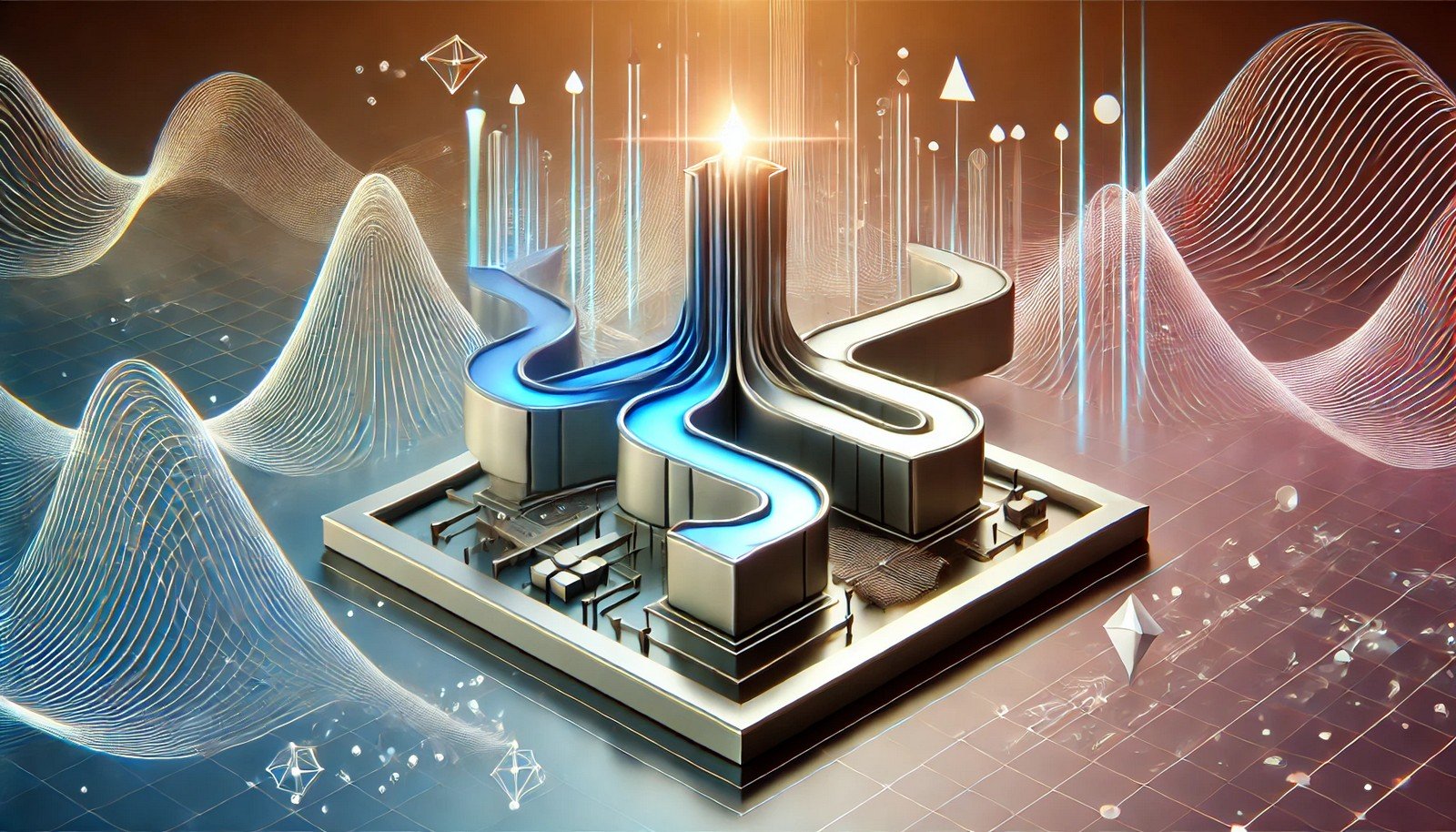 A 3D illustration visualizing the Value Iteration concept in AI, featuring iterative pathways merging toward a central optimal point, symbolizing progressive decision-making and convergence in a structured, futuristic design.